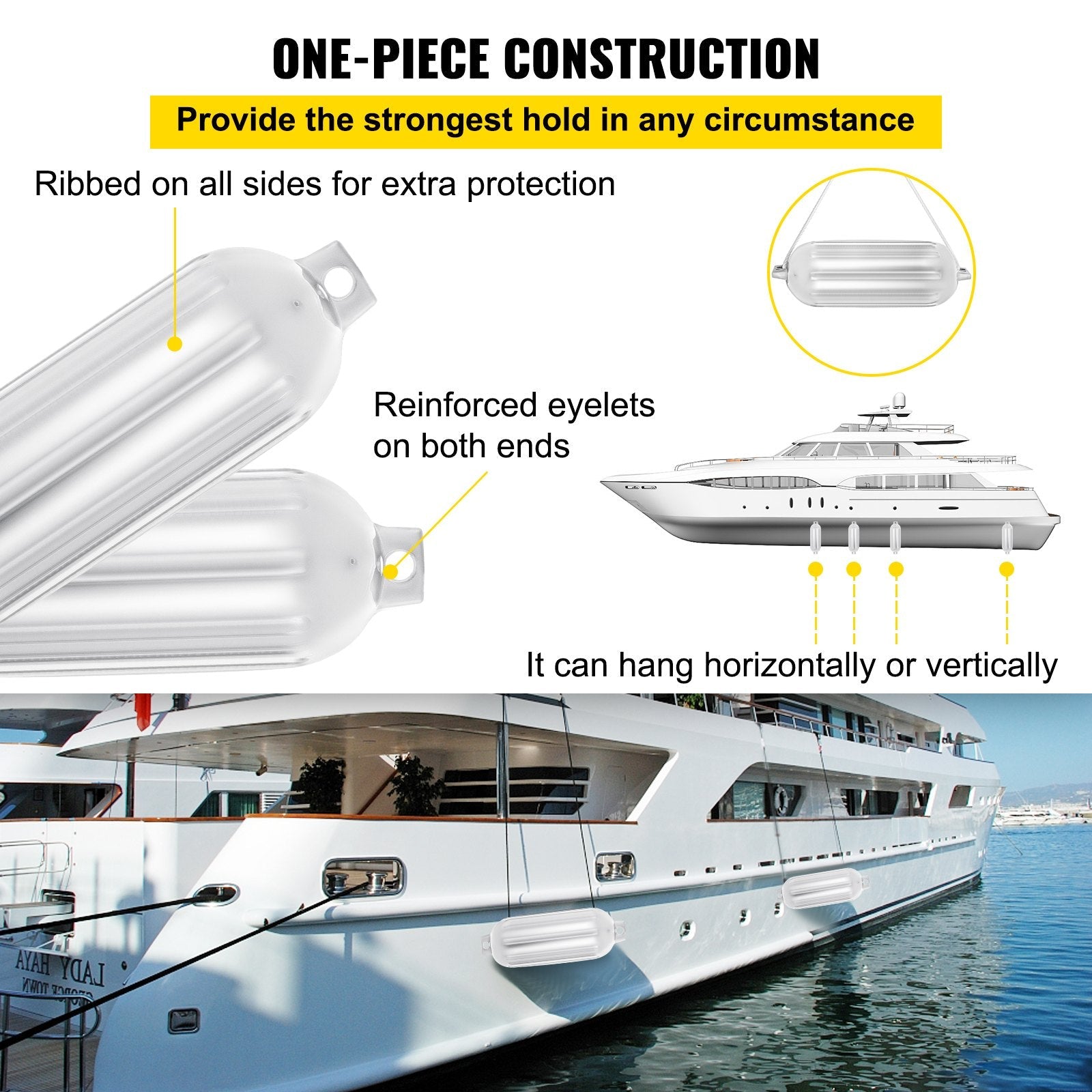 VEVOR Boat Fender 8.5 x 27 inches White Boat Protection Pack of 4 Ribbed Twin Eyes Boat Fender Bumper and Pump to Inflate 