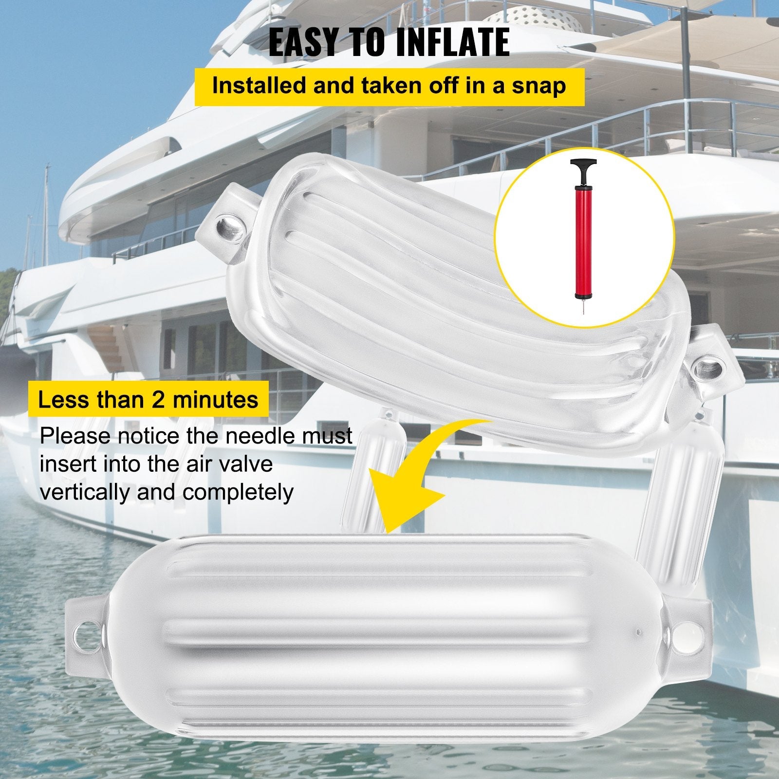 VEVOR Boat Fender 8.5 x 27 inches White Boat Protection Pack of 4 Ribbed Twin Eyes Boat Fender Bumper and Pump to Inflate 