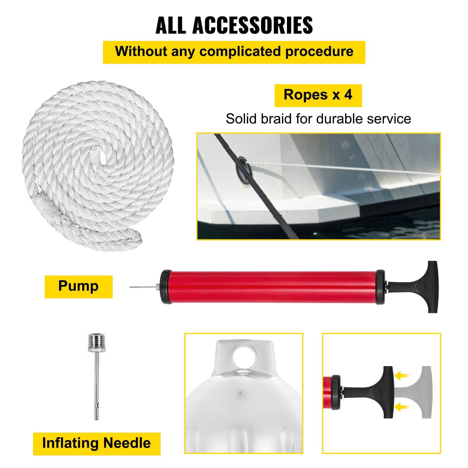 VEVOR Boat Fender 8.5 x 27 inches White Boat Protection Pack of 4 Ribbed Twin Eyes Boat Fender Bumper and Pump to Inflate 