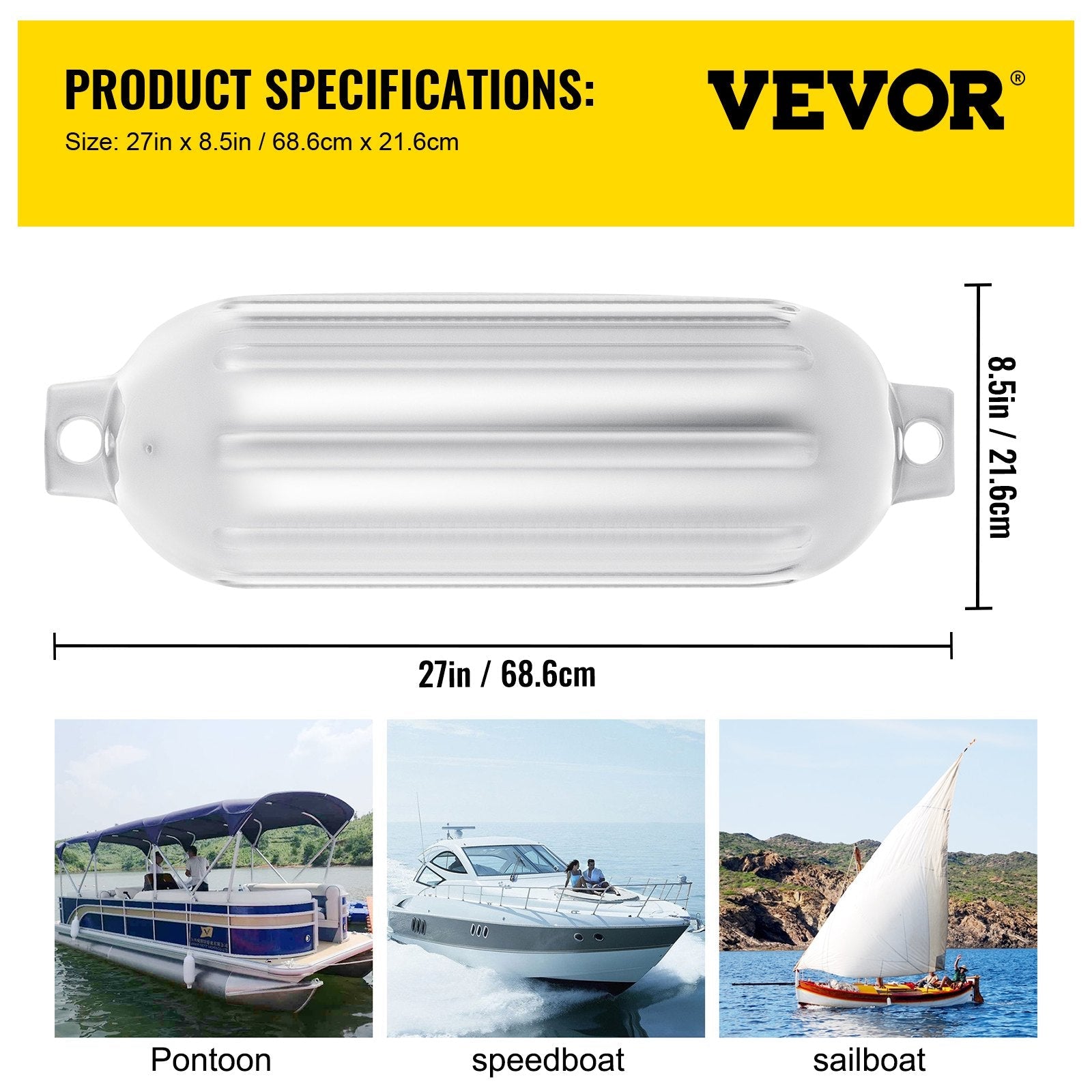 VEVOR Boat Fender 8.5 x 27 inches White Boat Protection Pack of 4 Ribbed Twin Eyes Boat Fender Bumper and Pump to Inflate 