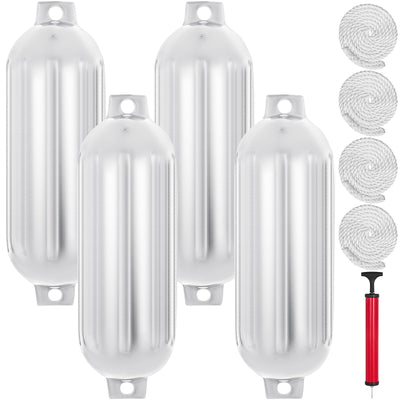 VEVOR Boat Fender 8.5 x 27 inches White Boat Protection Pack of 4 Ribbed Twin Eyes Boat Fender Bumper and Pump to Inflate 