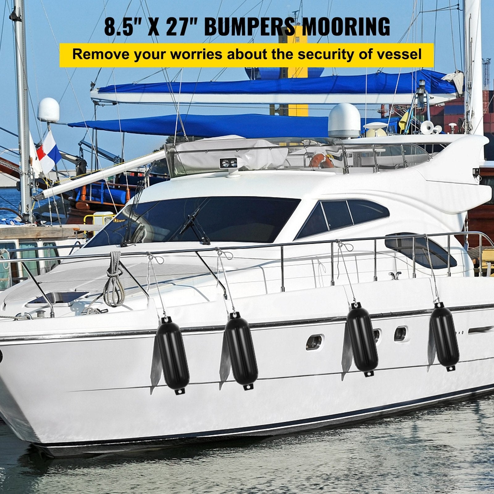 VEVOR Boat Fender 8.5 x 27 inches Black Boat Protection Pack of 4 Ribbed Twin Eyes Boat Fender Bumper and Pump to Inflate 