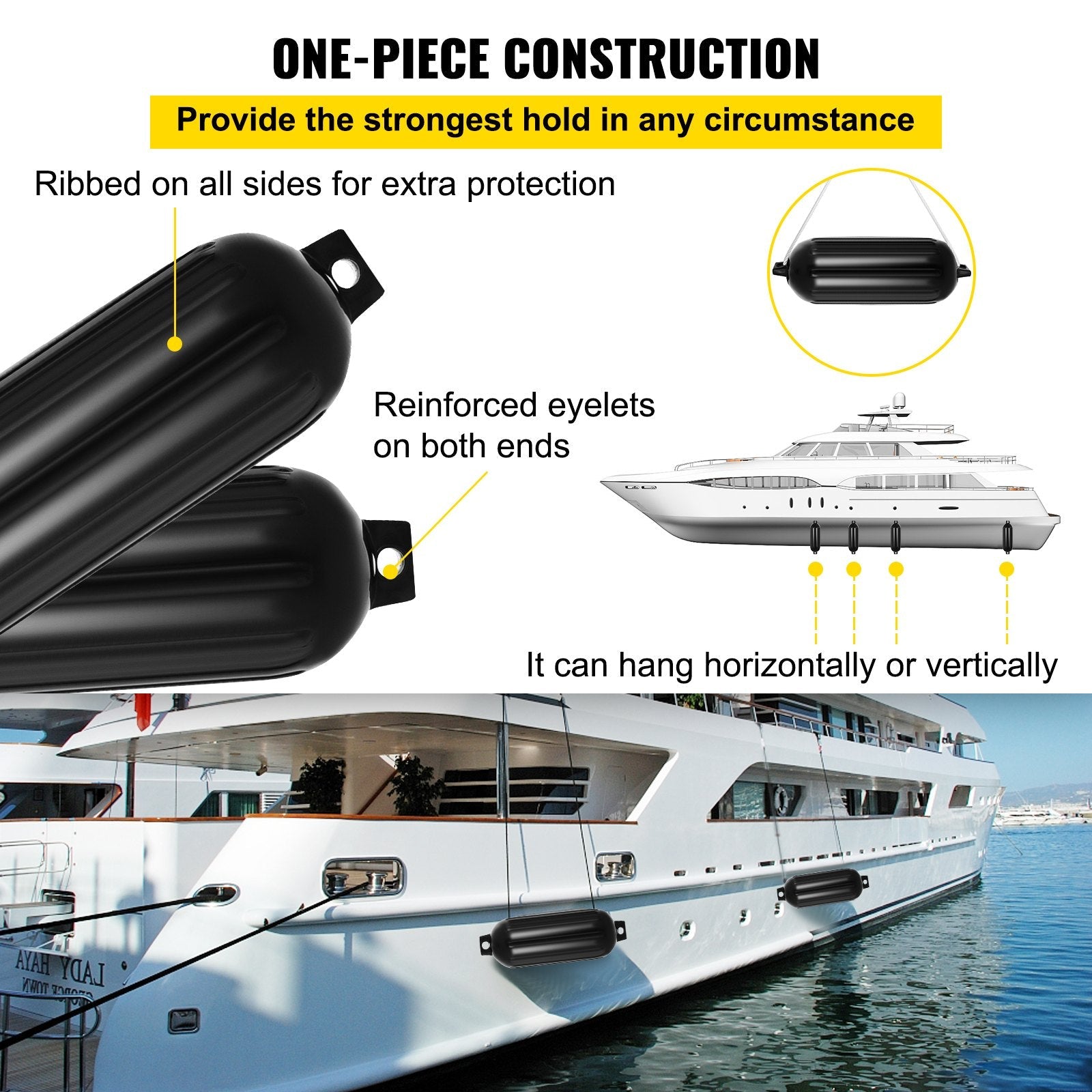VEVOR Boat Fender 8.5 x 27 inches Black Boat Protection Pack of 4 Ribbed Twin Eyes Boat Fender Bumper and Pump to Inflate 