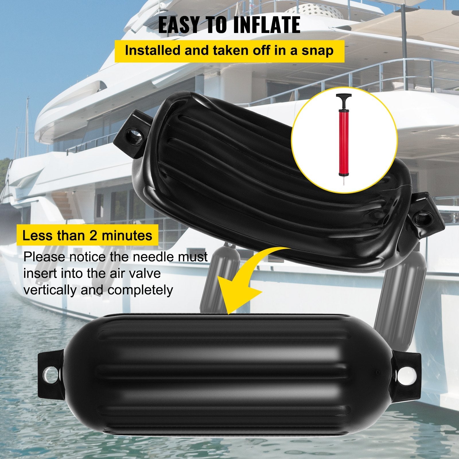 VEVOR Boat Fender 8.5 x 27 inches Black Boat Protection Pack of 4 Ribbed Twin Eyes Boat Fender Bumper and Pump to Inflate 