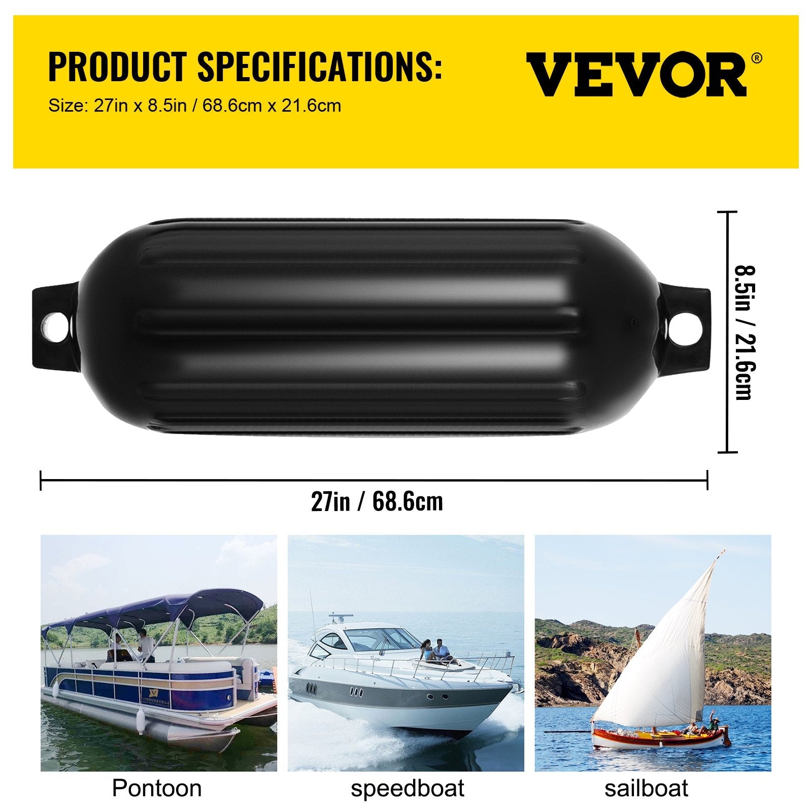 VEVOR Boat Fender 8.5 x 27 inches Black Boat Protection Pack of 4 Ribbed Twin Eyes Boat Fender Bumper and Pump to Inflate 