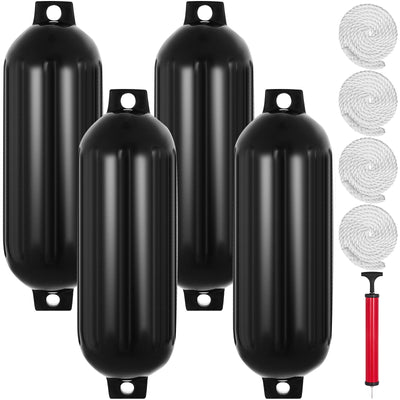 VEVOR Boat Fender 8.5 x 27 inches Black Boat Protection Pack of 4 Ribbed Twin Eyes Boat Fender Bumper and Pump to Inflate 
