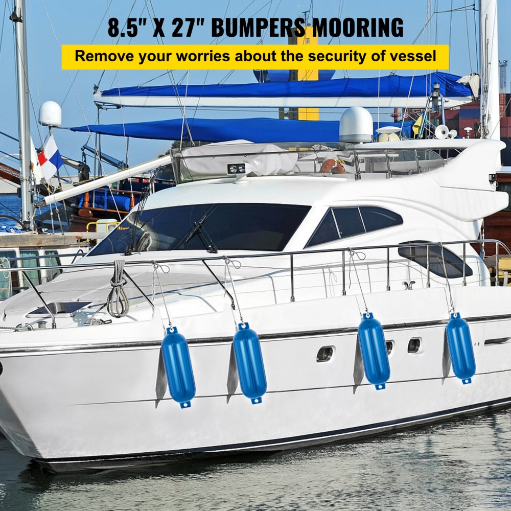 VEVOR Boat Fender 8.5 x 27 inches Blue Boat Protection Pack of 4 Ribbed Twin Eyes Boat Fender Bumper and Pump to Inflate 