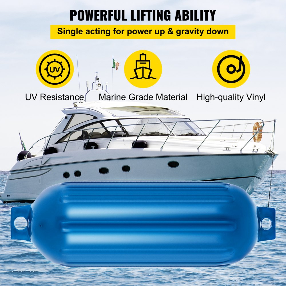 VEVOR Boat Fender 8.5 x 27 inches Blue Boat Protection Pack of 4 Ribbed Twin Eyes Boat Fender Bumper and Pump to Inflate 
