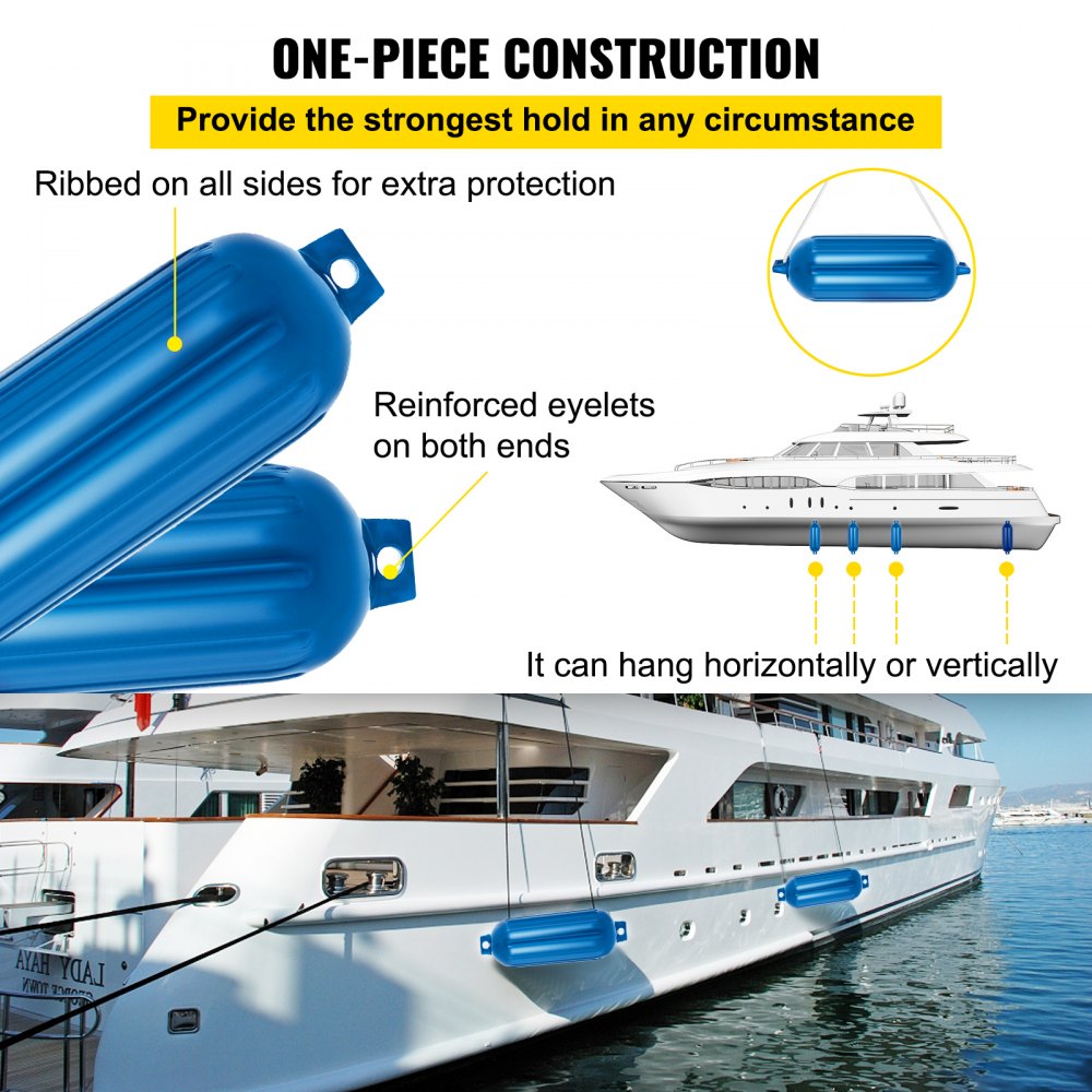 VEVOR Boat Fender 8.5 x 27 inches Blue Boat Protection Pack of 4 Ribbed Twin Eyes Boat Fender Bumper and Pump to Inflate 