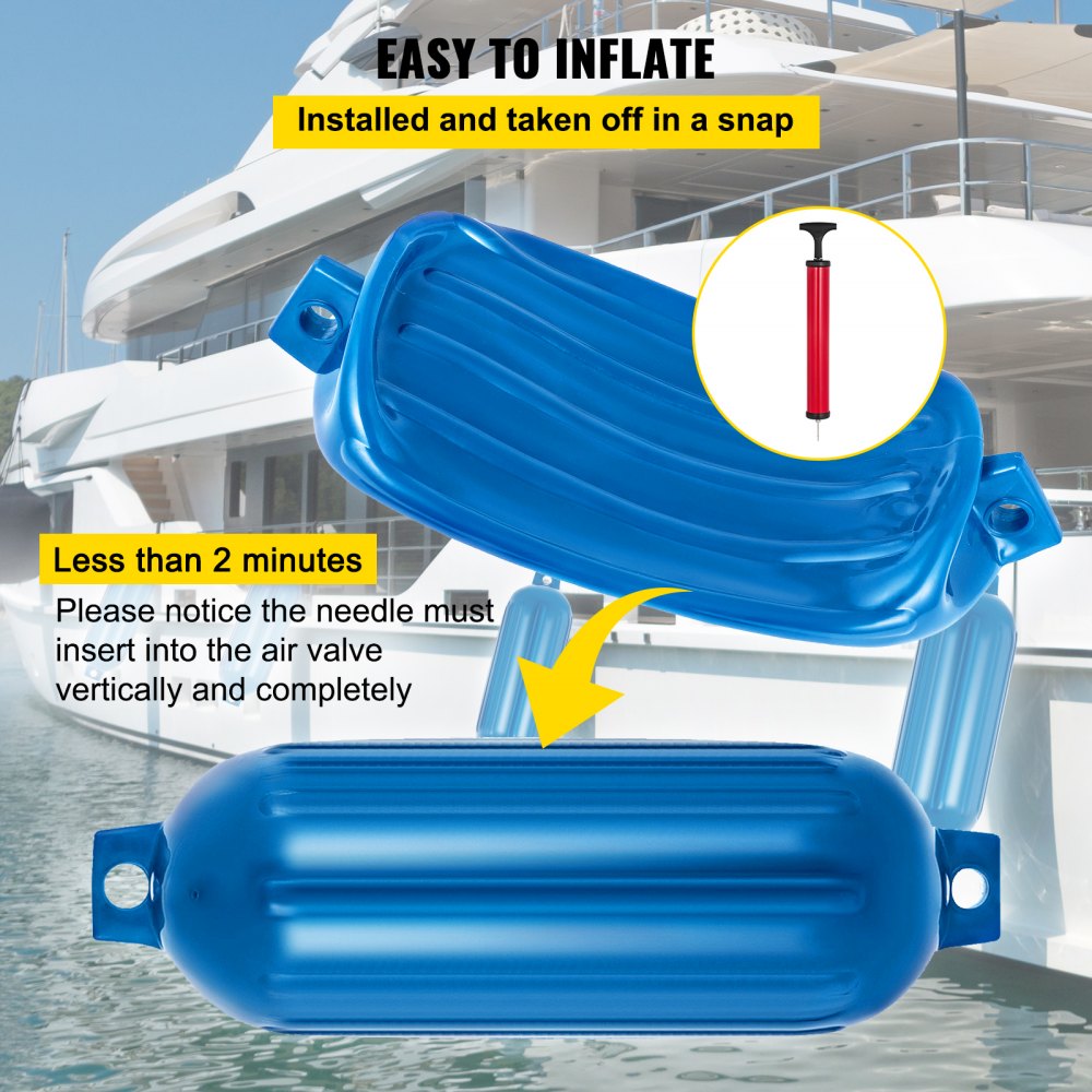 VEVOR Boat Fender 8.5 x 27 inches Blue Boat Protection Pack of 4 Ribbed Twin Eyes Boat Fender Bumper and Pump to Inflate 
