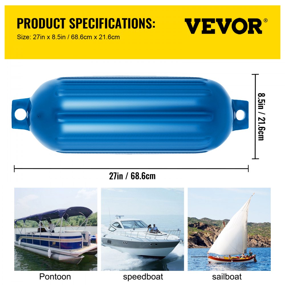 VEVOR Boat Fender 8.5 x 27 inches Blue Boat Protection Pack of 4 Ribbed Twin Eyes Boat Fender Bumper and Pump to Inflate 