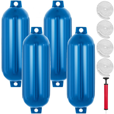 VEVOR Boat Fender 8.5 x 27 inches Blue Boat Protection Pack of 4 Ribbed Twin Eyes Boat Fender Bumper and Pump to Inflate 