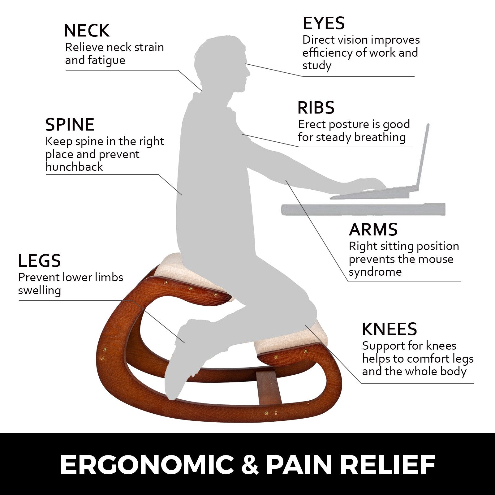 VEVOR Kneeling Chair Rocking Wooden Heavy Duty Better Posture Kneeling Stool 330lbs Load Posture Correct Office Stool Pecan 