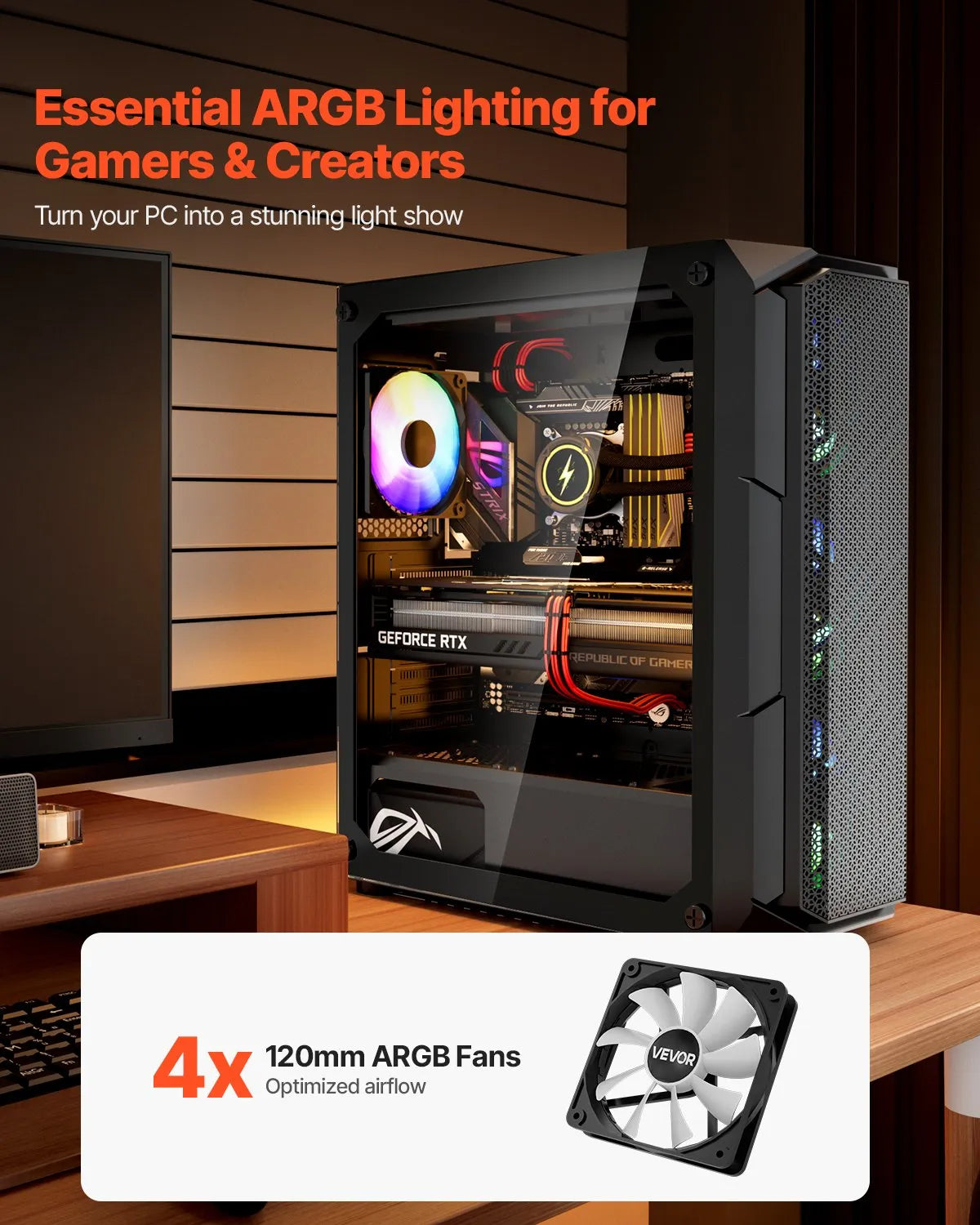 VEVOR Mid-Tower ATX PC Gaming Case Computer Case Box with 4 x 120 mm ARGB Fans