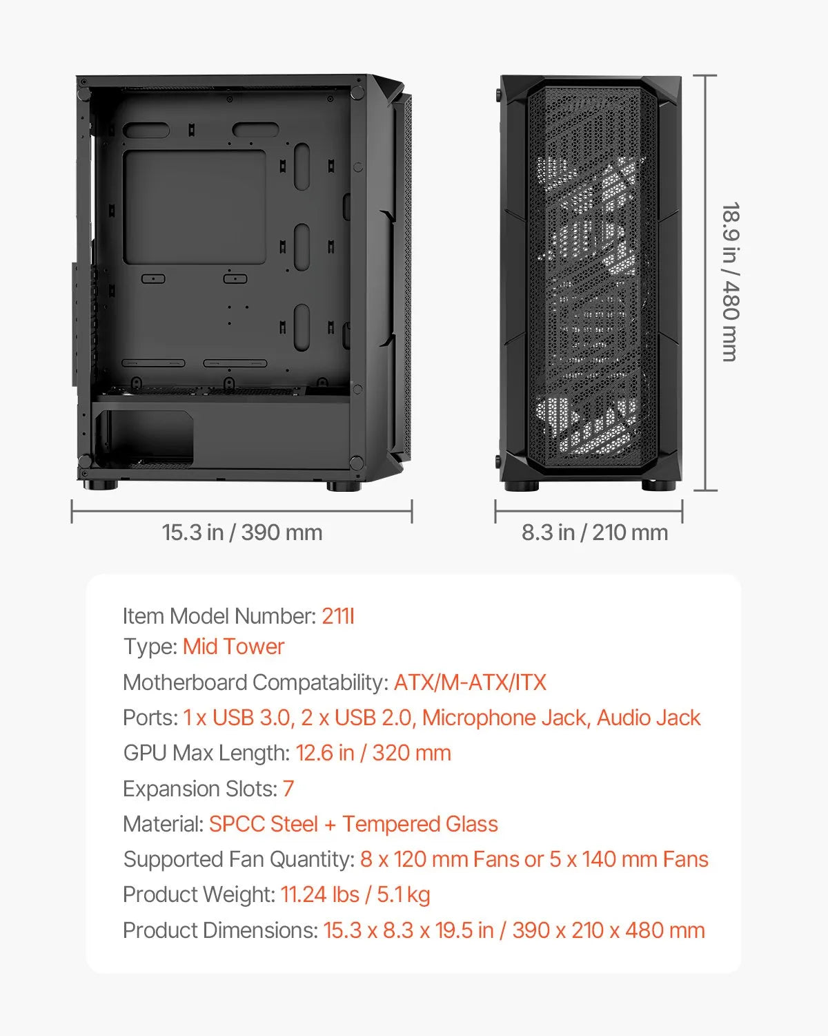 VEVOR Mid-Tower ATX PC Gaming Case Computer Case Box with 4 x 120 mm ARGB Fans