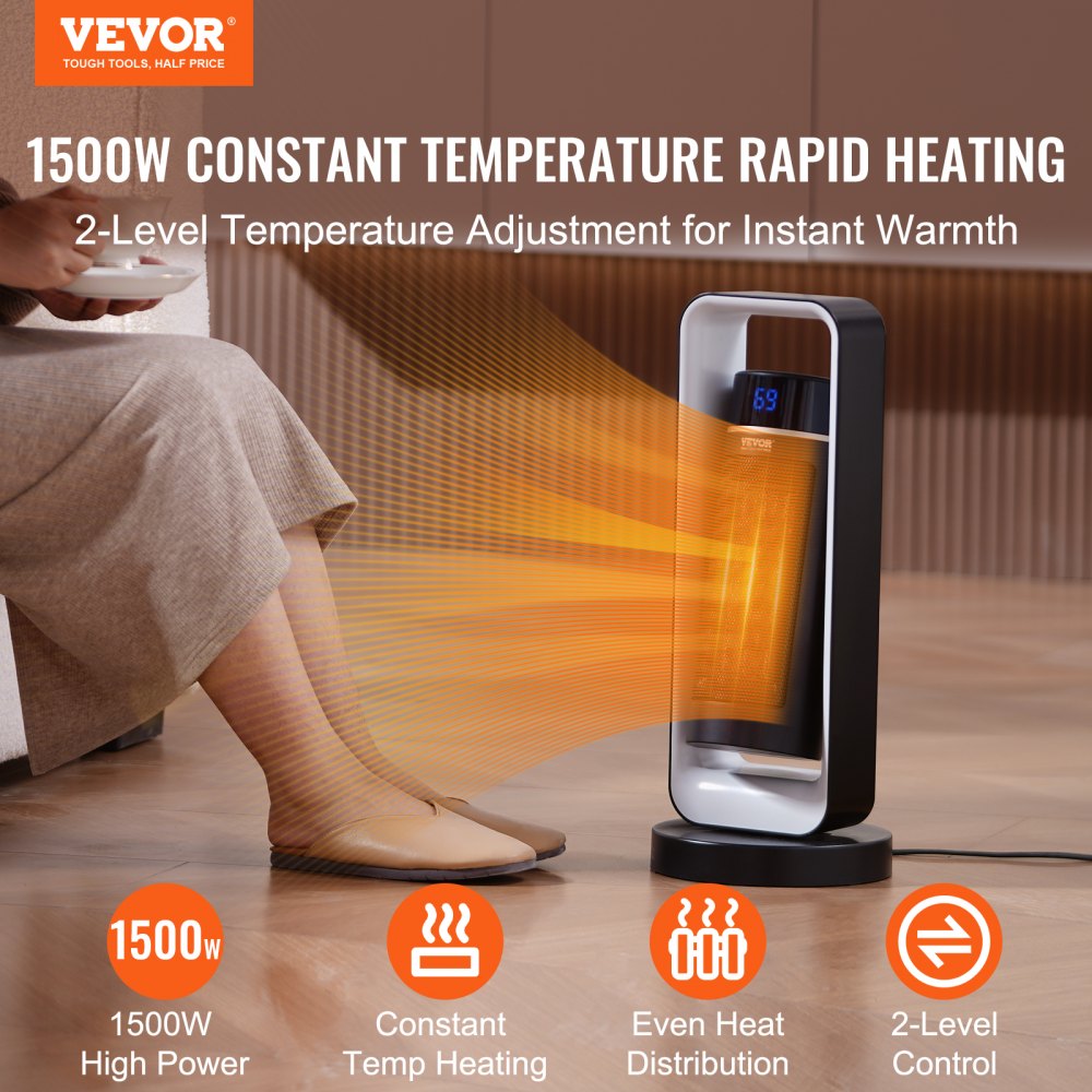 VEVOR Electric Space Heater with Thermostat Remote Control, 1000W/1500W 2-Level Adjustable Quiet Ceramic Heater Fan, 20 in Tip-Over Shutdown Overheat Protection Small Heaters for Office Room Desk Indo 