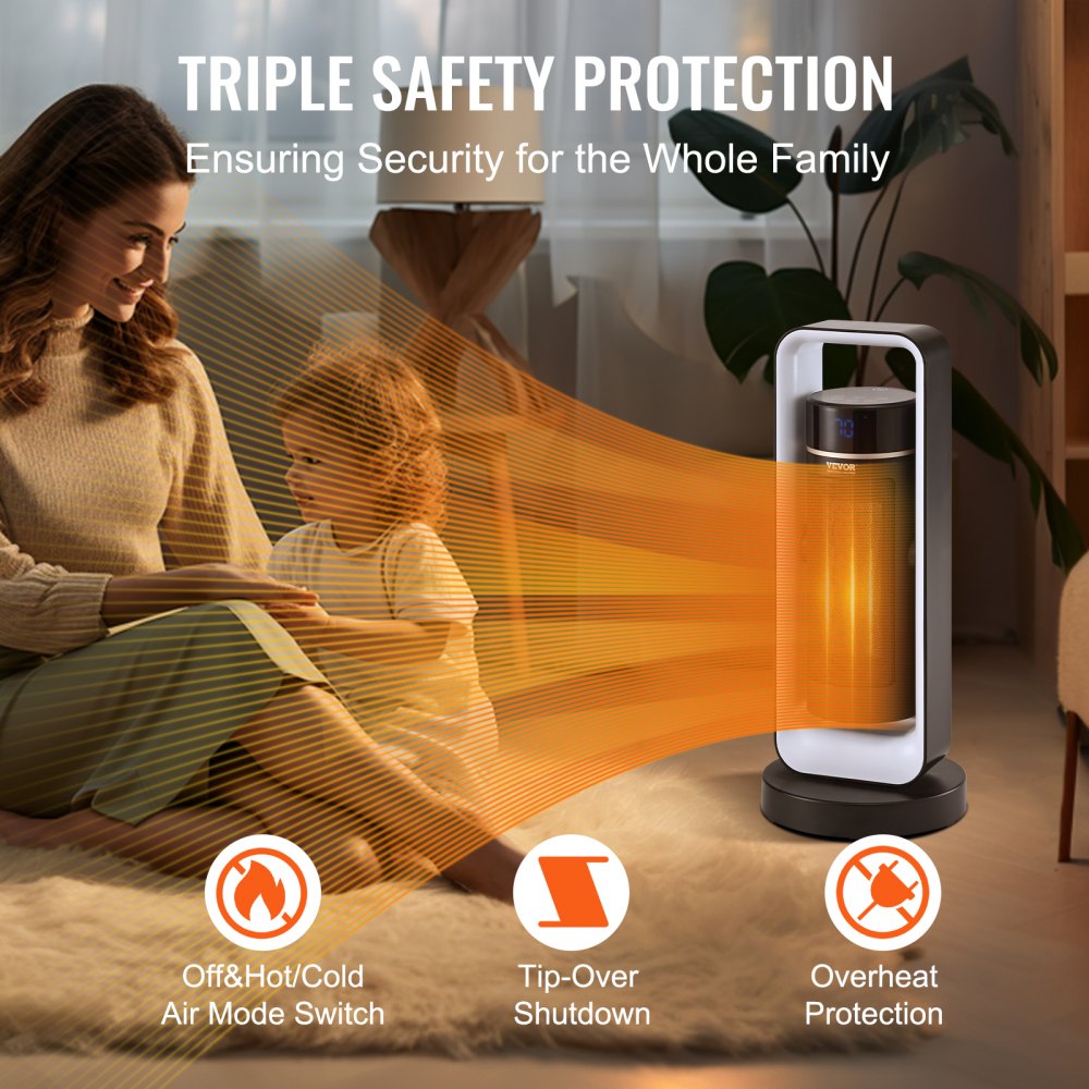 VEVOR Electric Space Heater with Thermostat Remote Control, 1000W/1500W 2-Level Adjustable Quiet Ceramic Heater Fan, 20 in Tip-Over Shutdown Overheat Protection Small Heaters for Office Room Desk Indo 