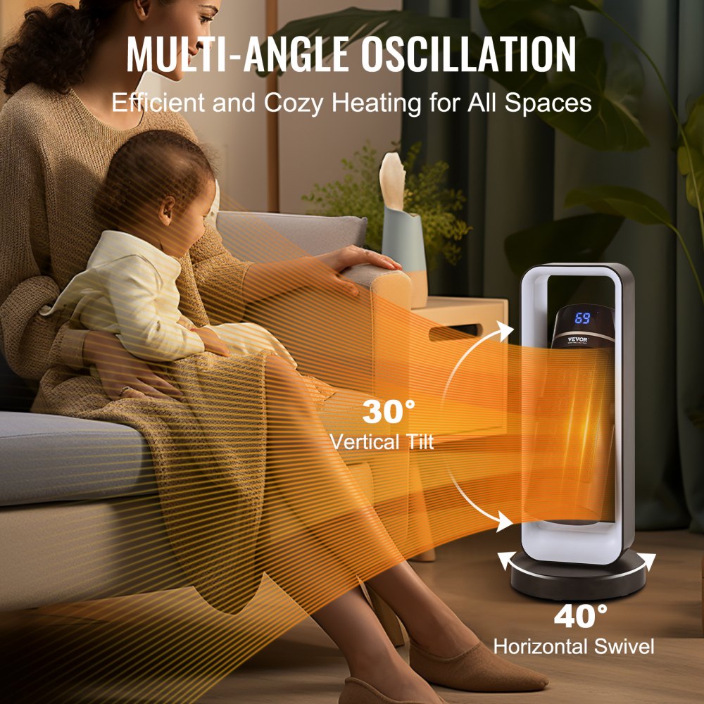 VEVOR Electric Space Heater with Thermostat Remote Control, 1000W/1500W 2-Level Adjustable Quiet Ceramic Heater Fan, 20 in Tip-Over Shutdown Overheat Protection Small Heaters for Office Room Desk Indo 