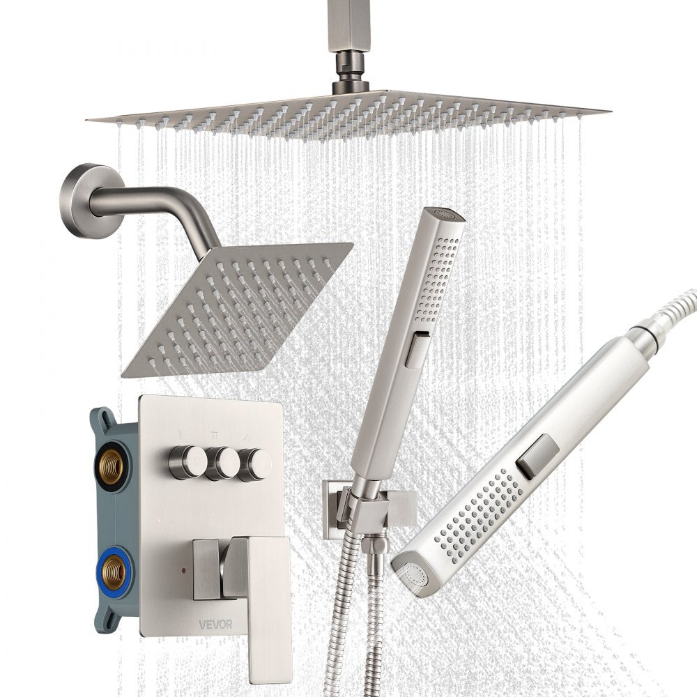 10" / 12" Ceiling Mount Rainfall Shower Faucet Set with Wall Shower Head & 2-in-1 Handheld Spray – Brushed Nickel