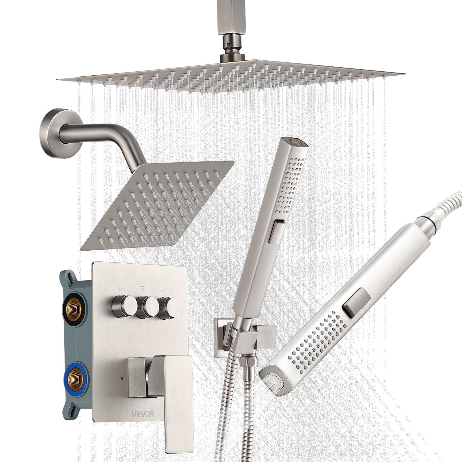 10" / 12" Ceiling Mount Rainfall Shower Faucet Set with Wall Shower Head & 2-in-1 Handheld Spray – Brushed Nickel