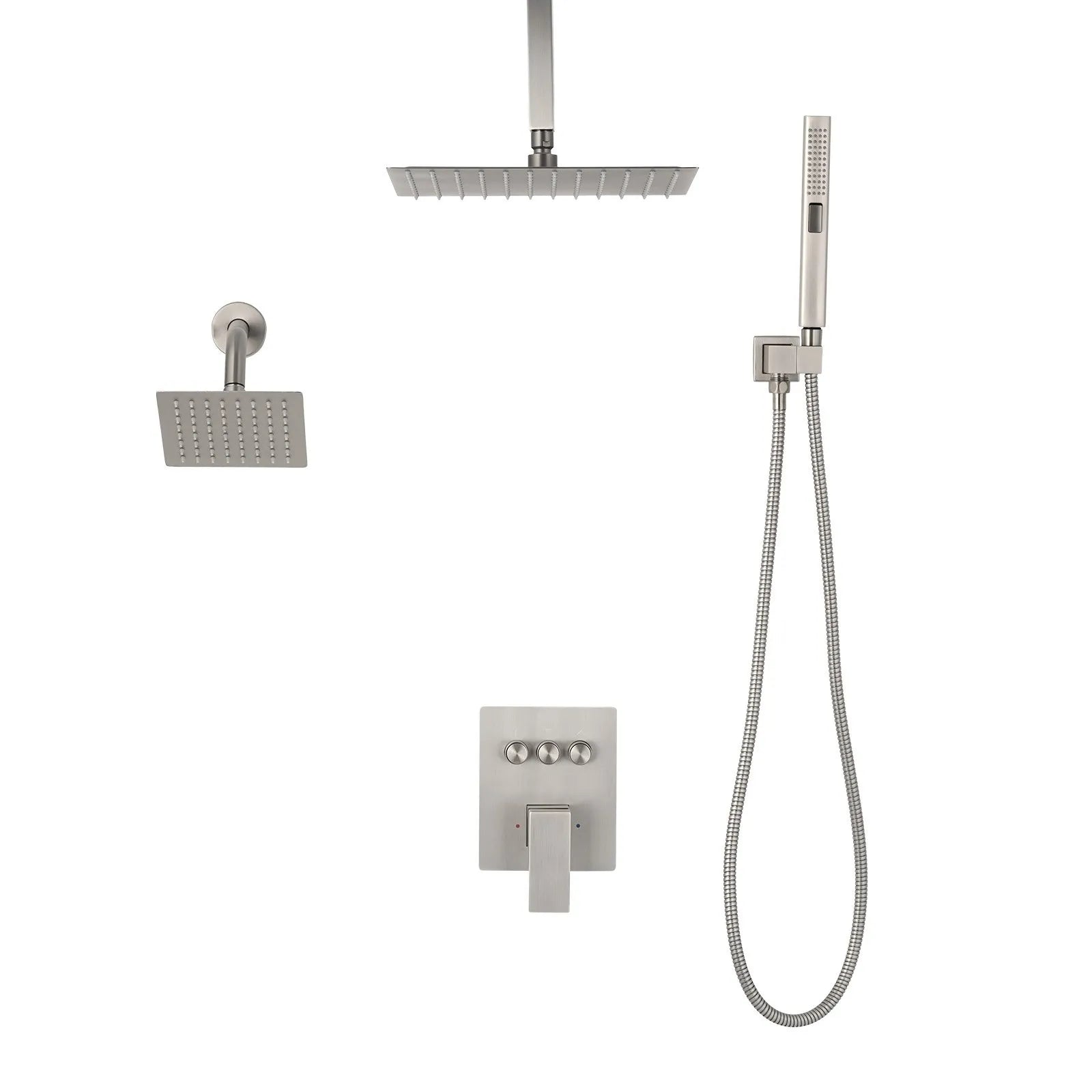 10" / 12" Ceiling Mount Rainfall Shower Faucet Set with Wall Shower Head & 2-in-1 Handheld Spray – Brushed Nickel