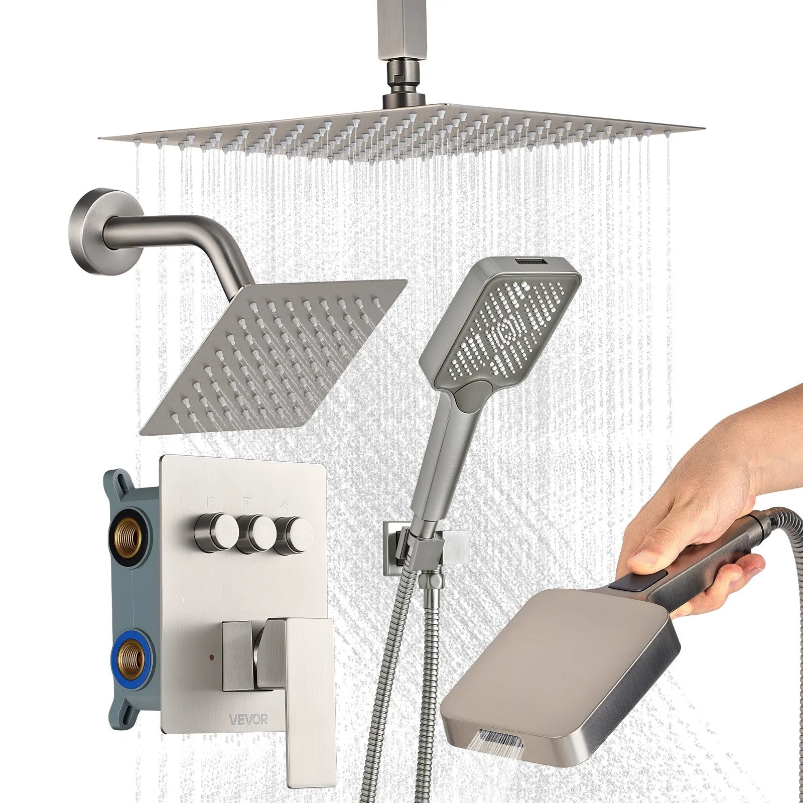 10" / 12" Ceiling Mount Rainfall Shower Faucet Set with Wall Shower Head & 2-in-1 Handheld Spray – Brushed Nickel