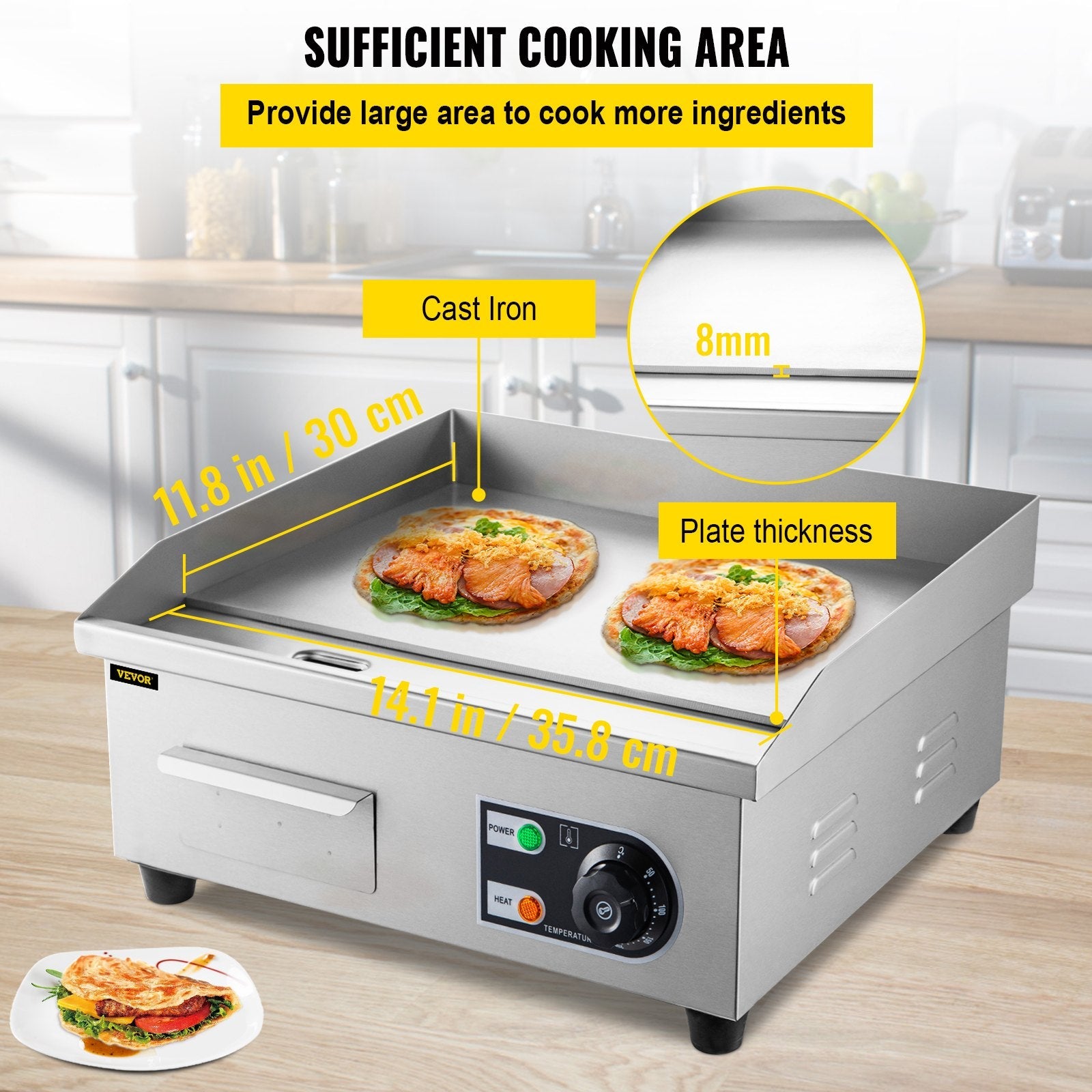 VEVOR 14\" Electric Countertop Flat Top Griddle 110V 1500W Non-Stick Commercial Electric Griddles Restaurant Teppanyaki Grill Stainless Steel Adjustable Temperature Control 122°F-572°F, Sliver 