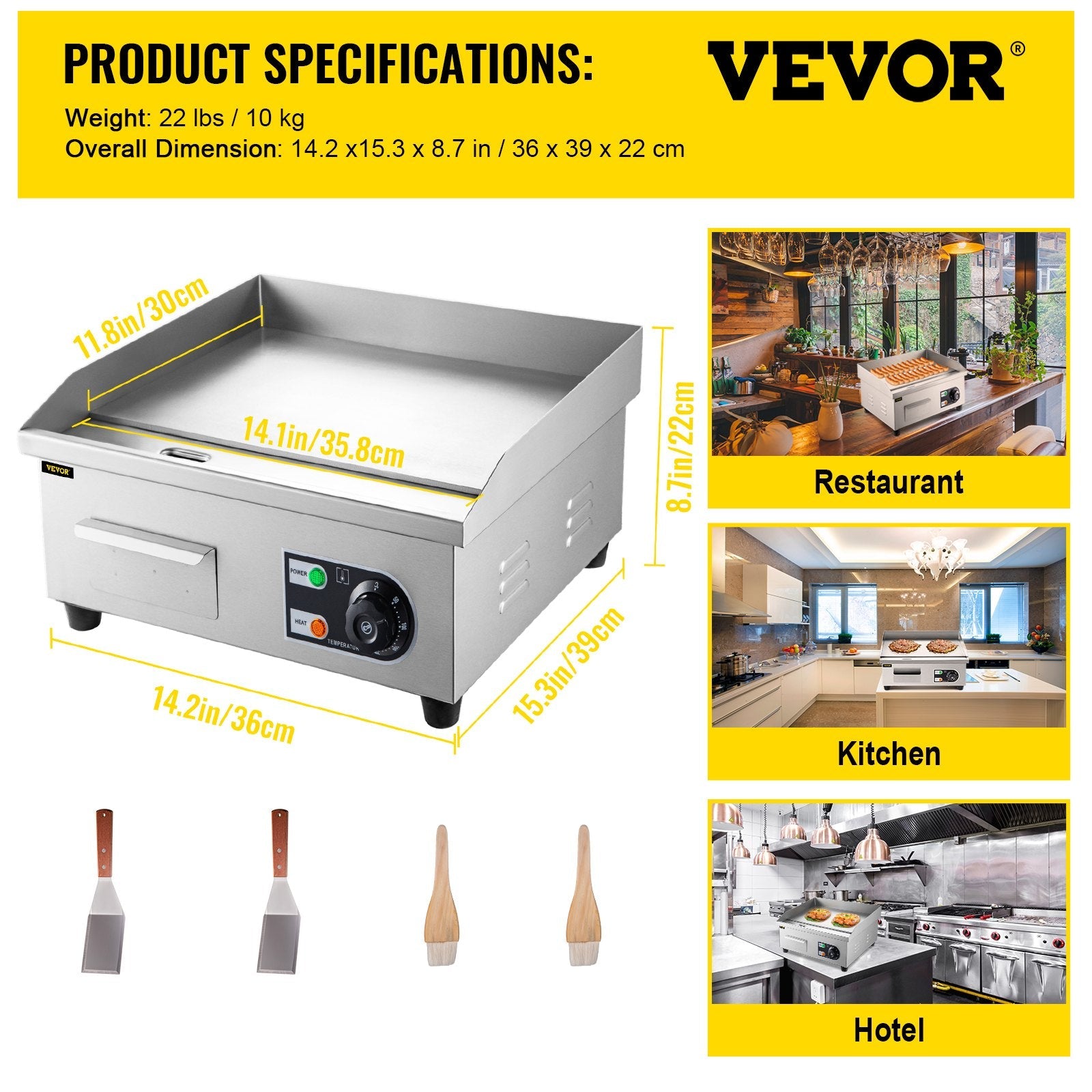 VEVOR 14\" Electric Countertop Flat Top Griddle 110V 1500W Non-Stick Commercial Electric Griddles Restaurant Teppanyaki Grill Stainless Steel Adjustable Temperature Control 122°F-572°F, Sliver 