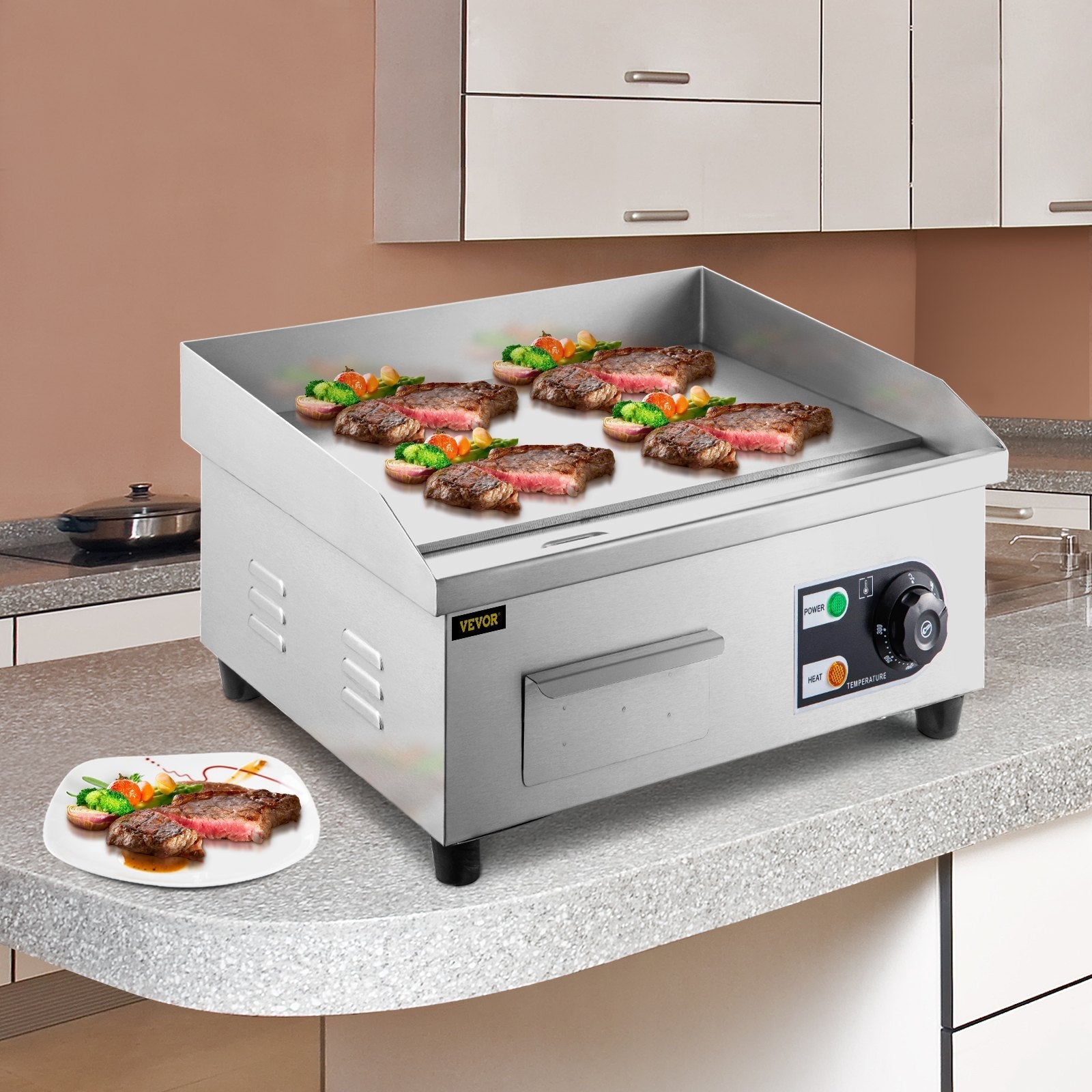 VEVOR 14\" Electric Countertop Flat Top Griddle 110V 1500W Non-Stick Commercial Electric Griddles Restaurant Teppanyaki Grill Stainless Steel Adjustable Temperature Control 122°F-572°F, Sliver 