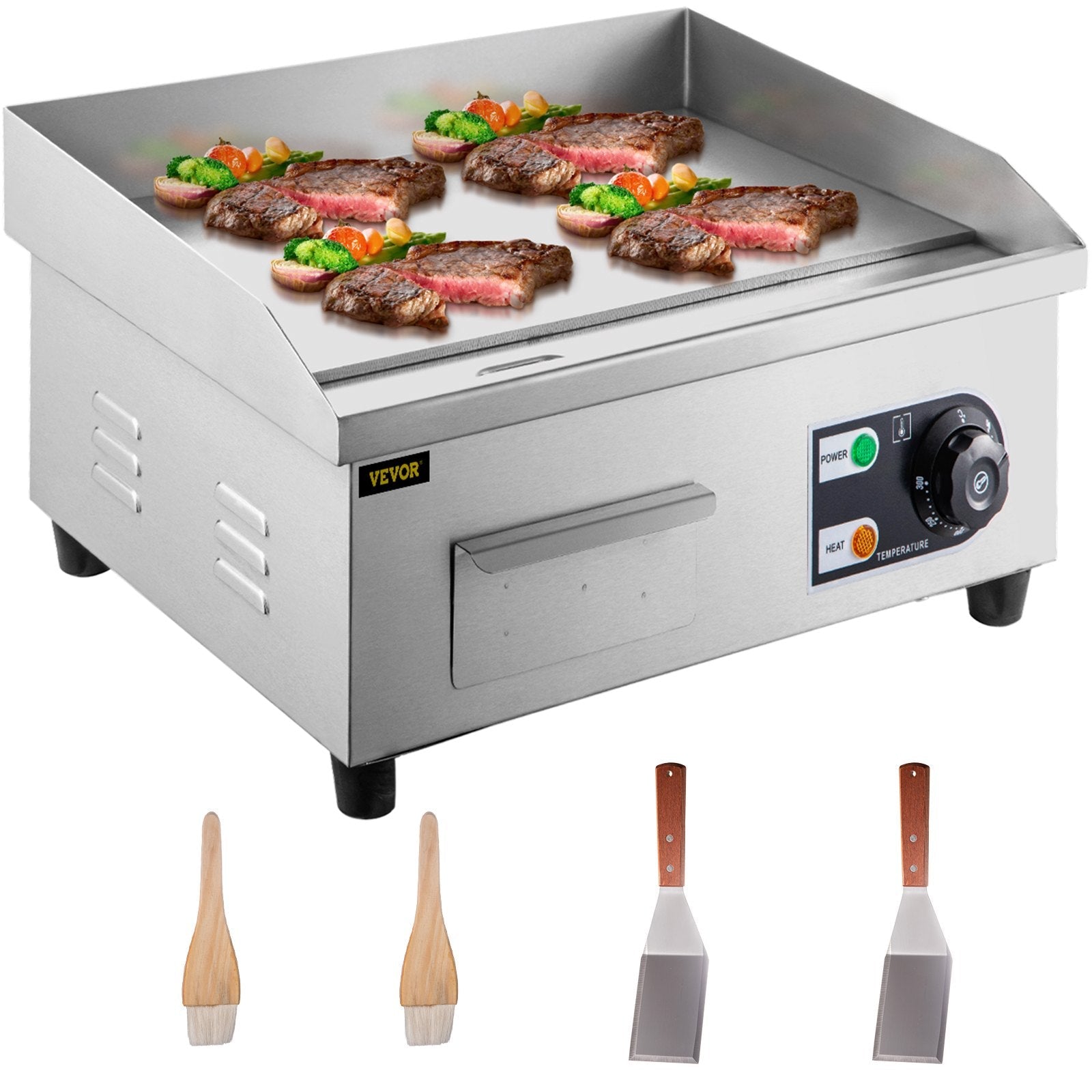 VEVOR 14\" Electric Countertop Flat Top Griddle 110V 1500W Non-Stick Commercial Electric Griddles Restaurant Teppanyaki Grill Stainless Steel Adjustable Temperature Control 122°F-572°F, Sliver 