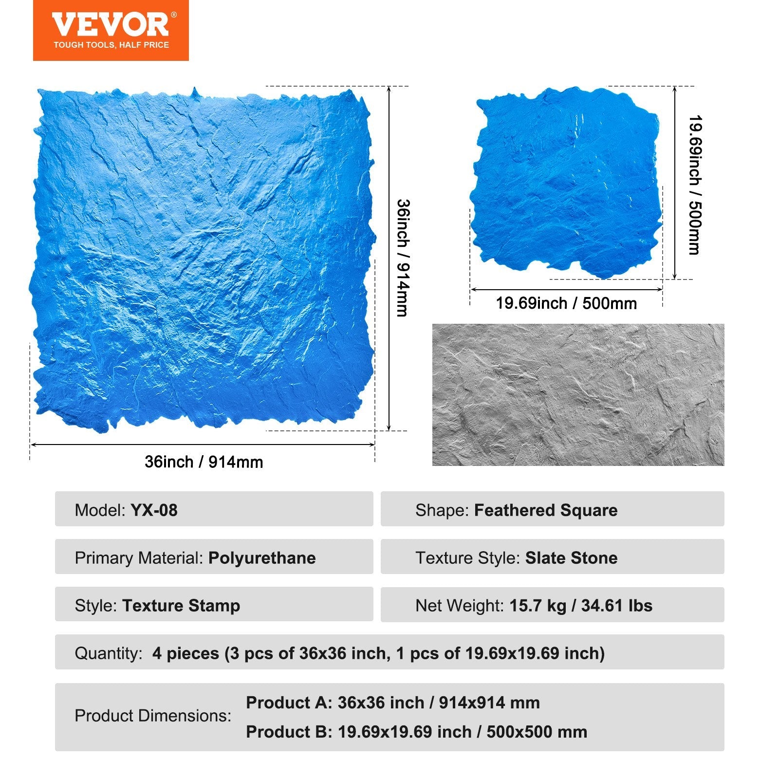 VEVOR Concrete Stamps Mat 36 in & 18 in 4 pcs Texturing Skin Polyurethane Molds 