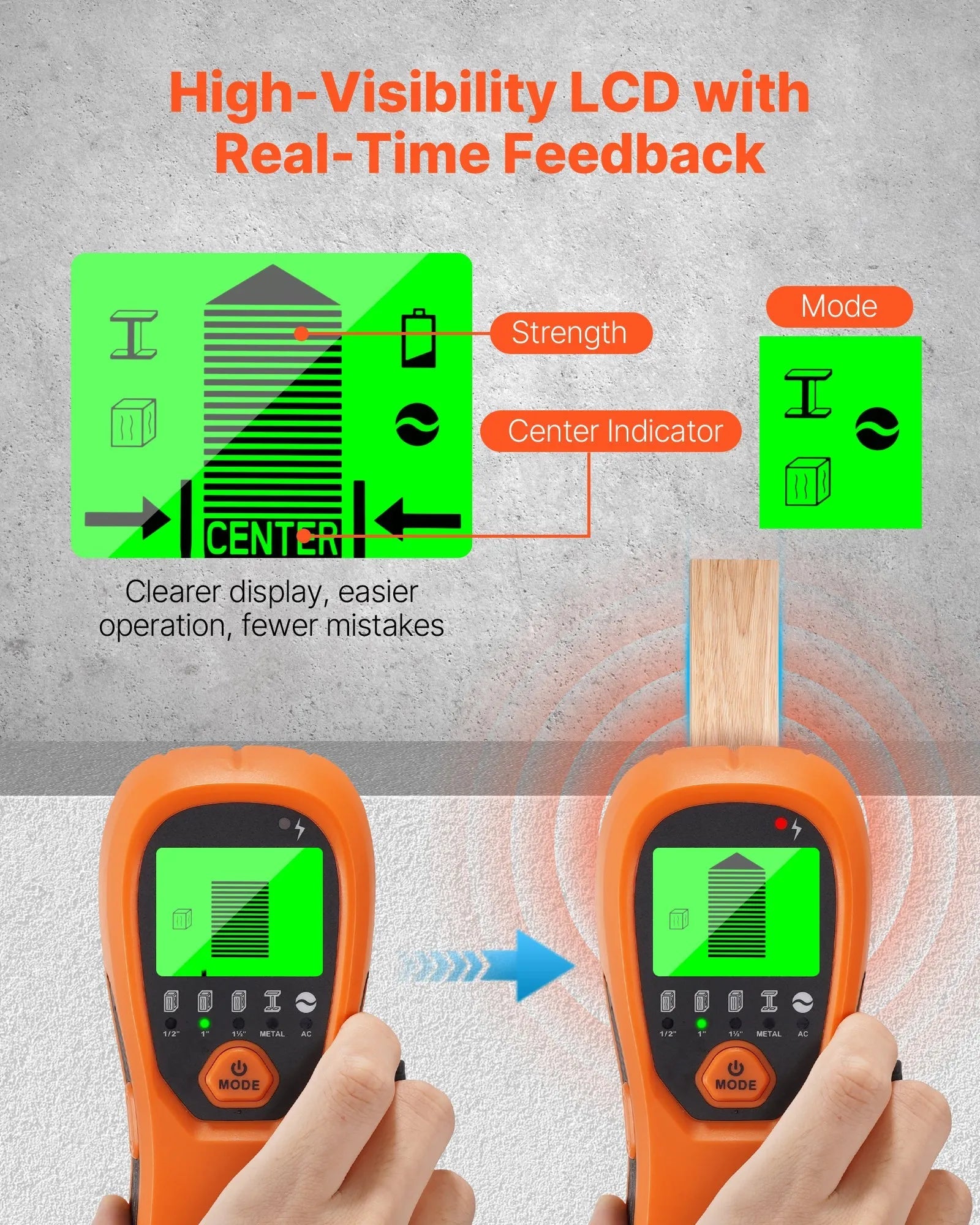 VEVOR Stud Finder Wall Scanner, 5 in 1, Electronic Wall Stud Detector with Smart Sensor, High-Definition LCD Display and Audio Alarm, for the Center and Edge of Metal, AC Wire, Joists, Pipes, Orange 