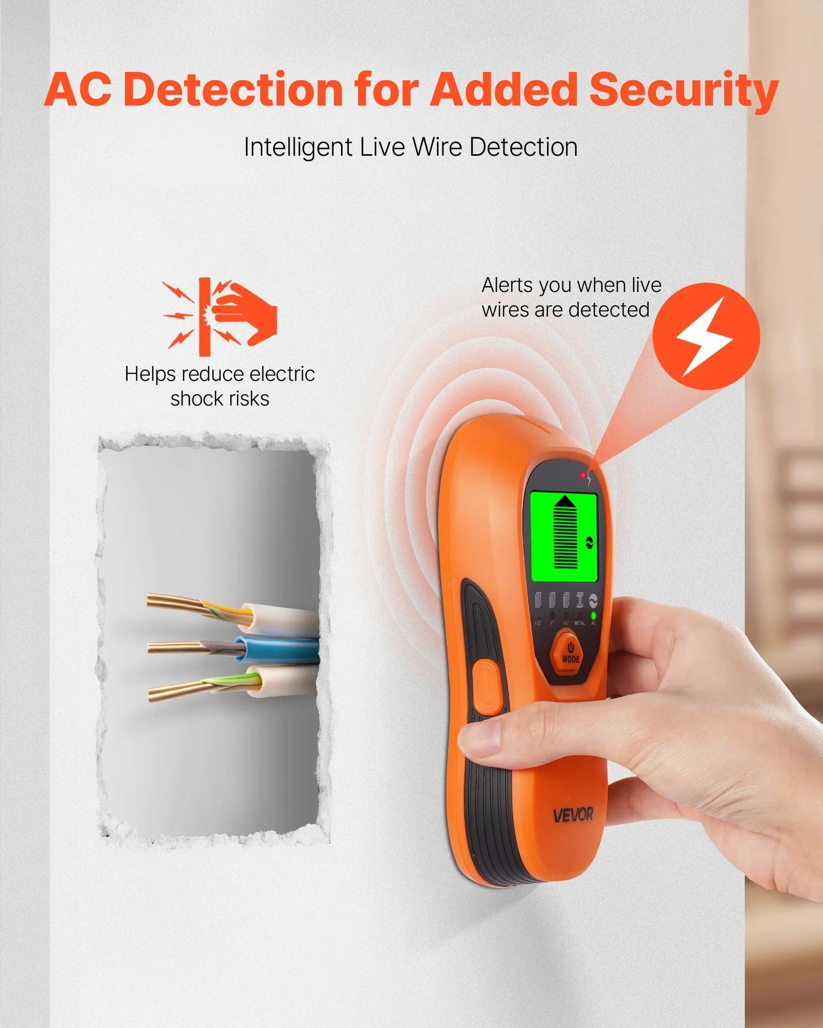 VEVOR Stud Finder Wall Scanner, 5 in 1, Electronic Wall Stud Detector with Smart Sensor, High-Definition LCD Display and Audio Alarm, for the Center and Edge of Metal, AC Wire, Joists, Pipes, Orange 