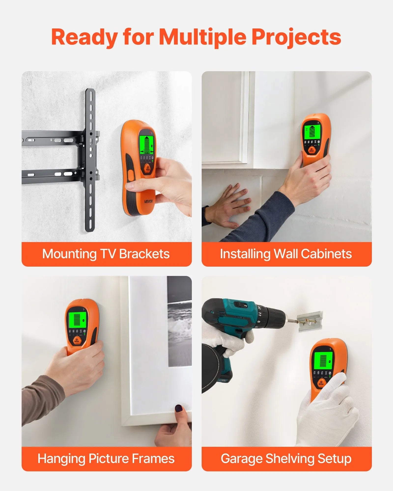VEVOR Stud Finder Wall Scanner, 5 in 1, Electronic Wall Stud Detector with Smart Sensor, High-Definition LCD Display and Audio Alarm, for the Center and Edge of Metal, AC Wire, Joists, Pipes, Orange 