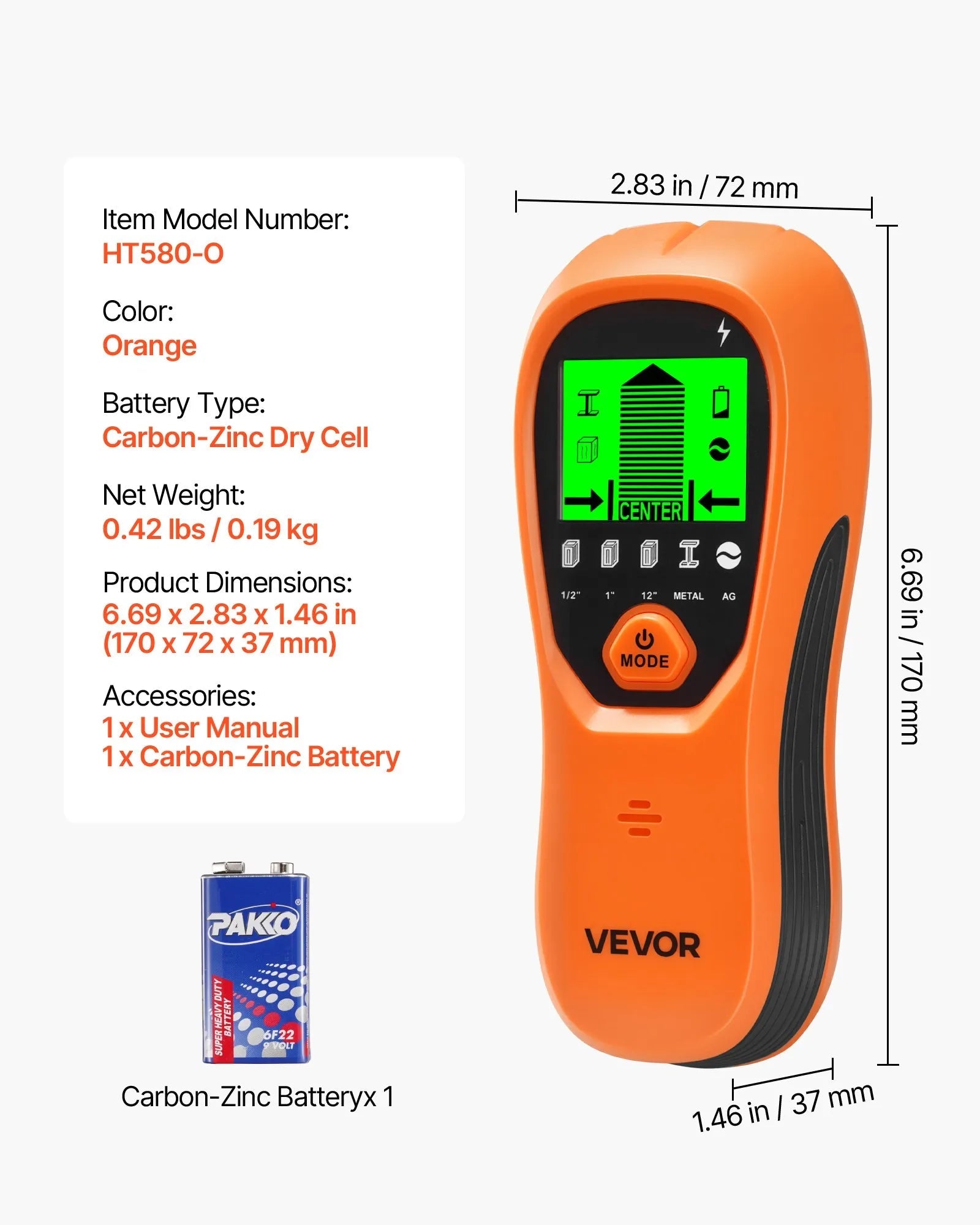 VEVOR Stud Finder Wall Scanner, 5 in 1, Electronic Wall Stud Detector with Smart Sensor, High-Definition LCD Display and Audio Alarm, for the Center and Edge of Metal, AC Wire, Joists, Pipes, Orange 