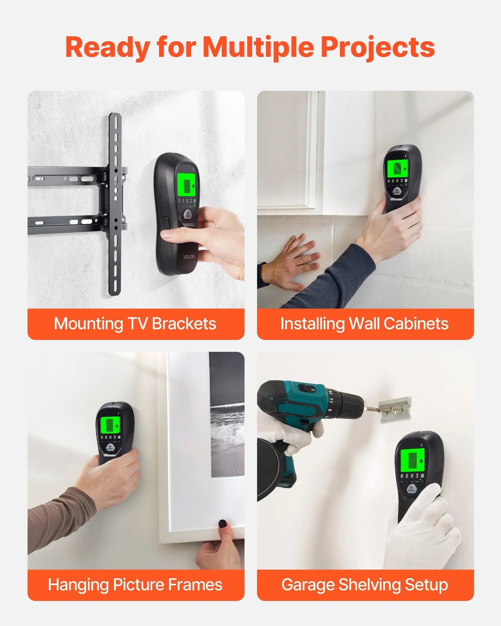 VEVOR Stud Finder Wall Scanner, 5 in 1, Electronic Wall Stud Detector with Smart Sensor, High-Definition LCD Display and Audio Alarm, for the Center and Edge of Metal, AC Wire, Joists, Pipes, Black 