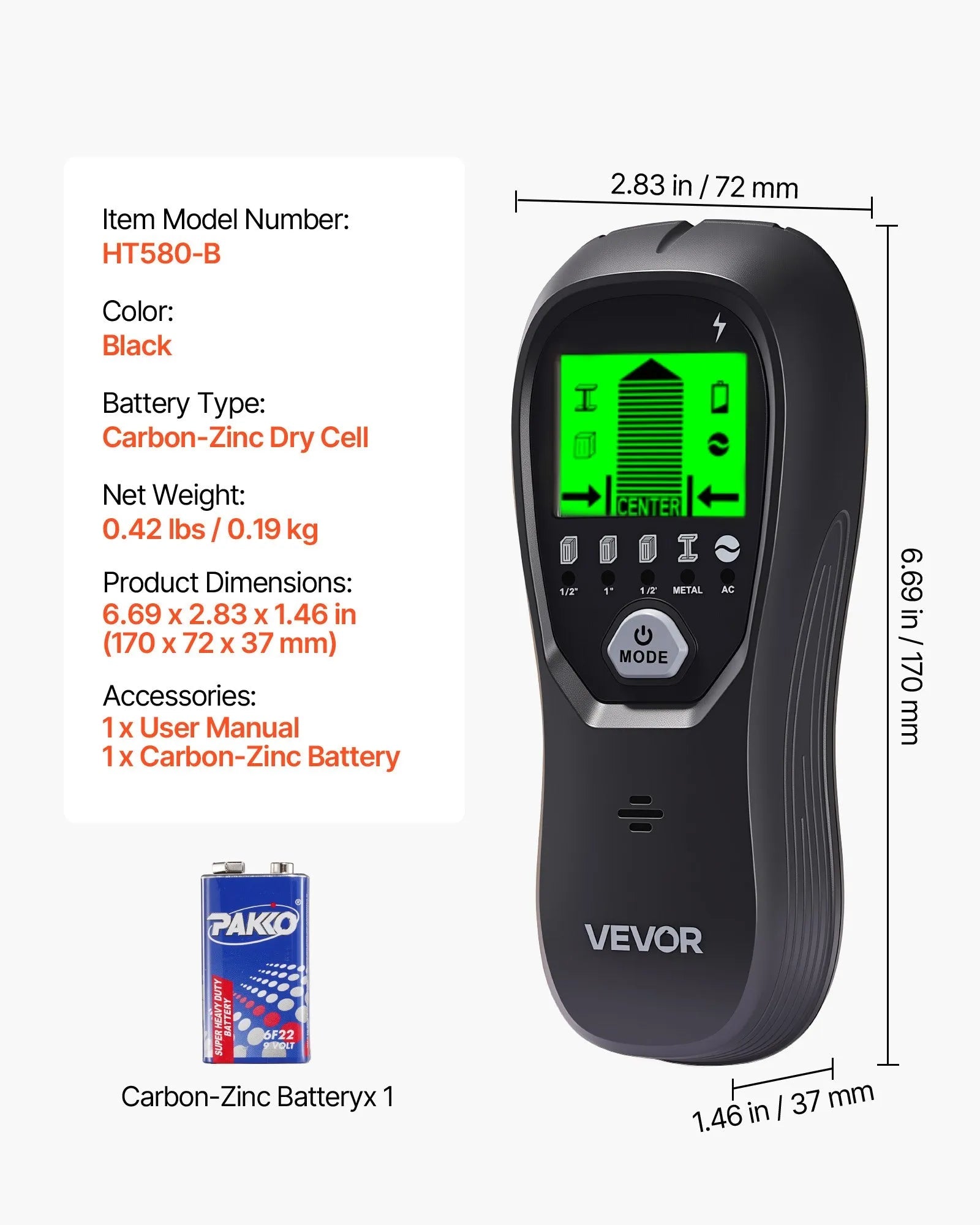 VEVOR Stud Finder Wall Scanner, 5 in 1, Electronic Wall Stud Detector with Smart Sensor, High-Definition LCD Display and Audio Alarm, for the Center and Edge of Metal, AC Wire, Joists, Pipes, Black 