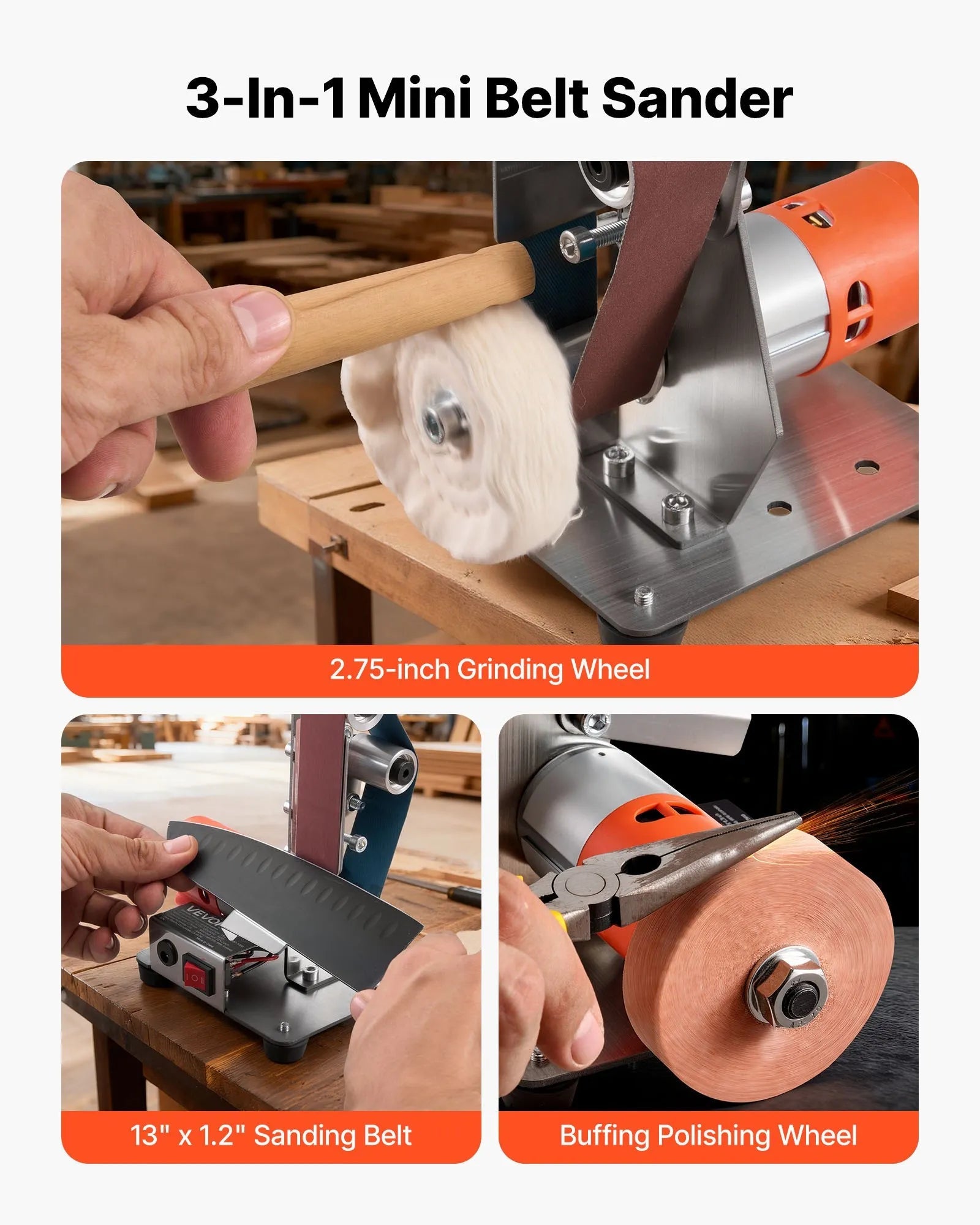 VEVOR 3-in-1 Mini Belt Sander, 13" x 1.2" Sanding Belt, 2.75" Grinding & Polishing Wheel Combo, 7-Speed Adjustable with Forward/Reverse Control for Woodworking, Jewelry Making, Knife Sharpening 