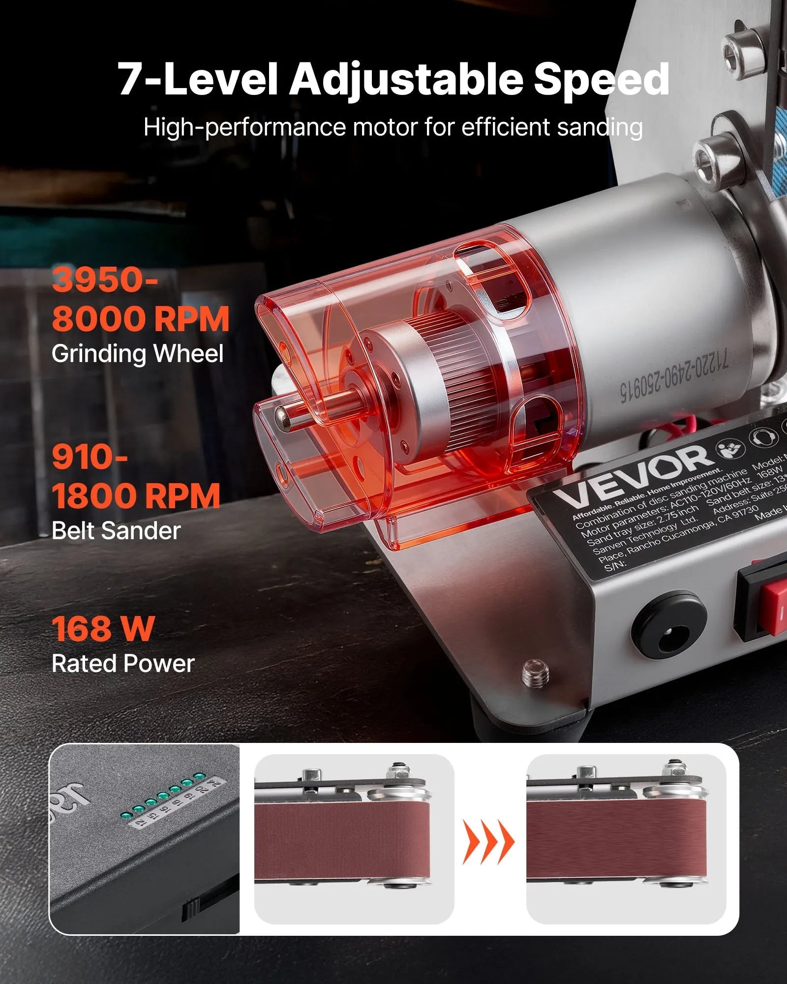 VEVOR 3-in-1 Mini Belt Sander, 13" x 1.2" Sanding Belt, 2.75" Grinding & Polishing Wheel Combo, 7-Speed Adjustable with Forward/Reverse Control for Woodworking, Jewelry Making, Knife Sharpening 