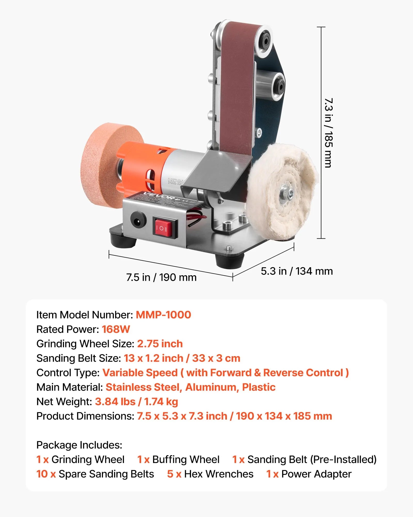 VEVOR 3-in-1 Mini Belt Sander, 13" x 1.2" Sanding Belt, 2.75" Grinding & Polishing Wheel Combo, 7-Speed Adjustable with Forward/Reverse Control for Woodworking, Jewelry Making, Knife Sharpening 