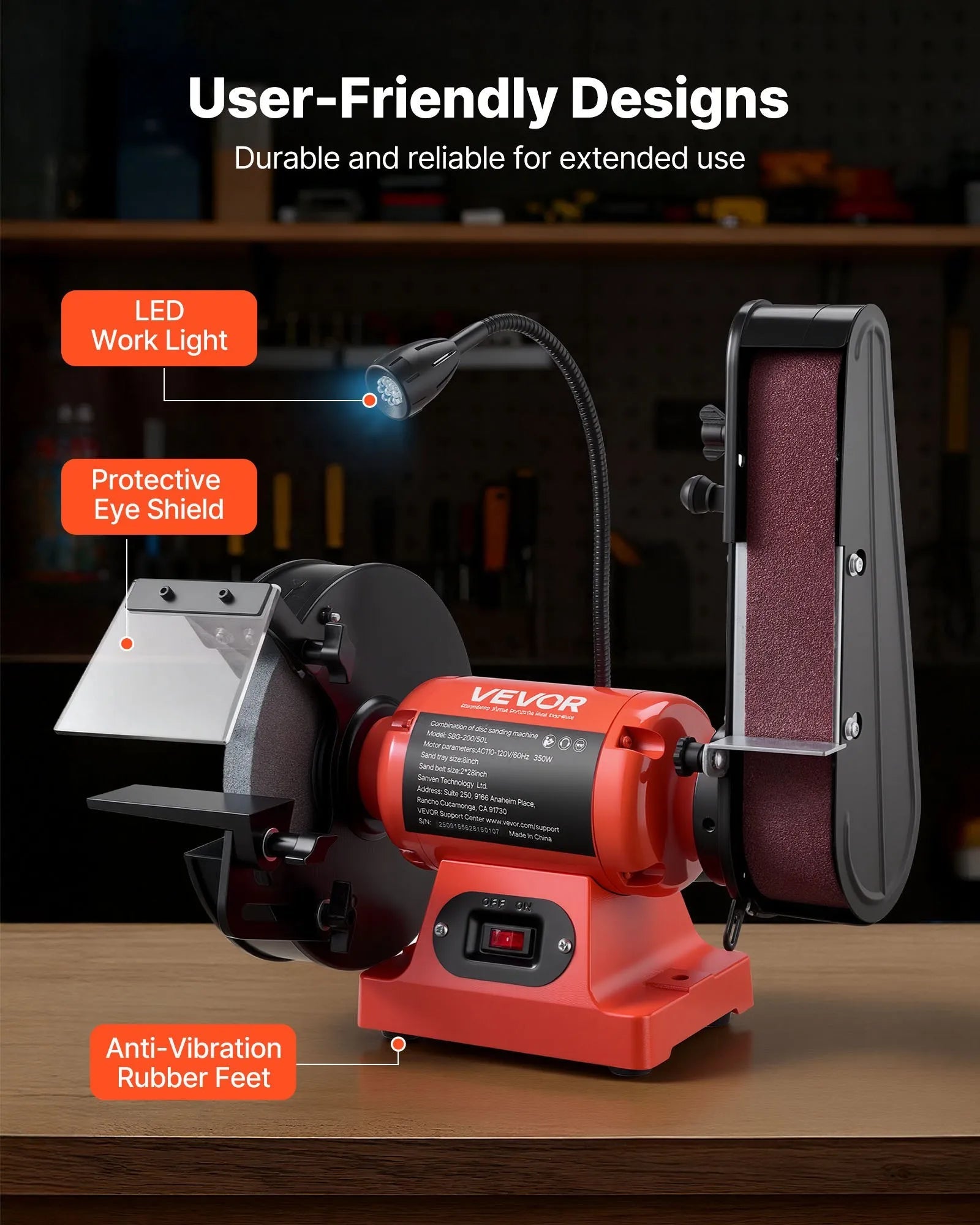 VEVOR 8" Bench Grinder & 2" x 28" Belt Sander Combo, 350W Professional Grinding Sanding Machine with LED Work Light & Protective Eye Shield for Metalworking, Woodworking, Knife Sharpening 