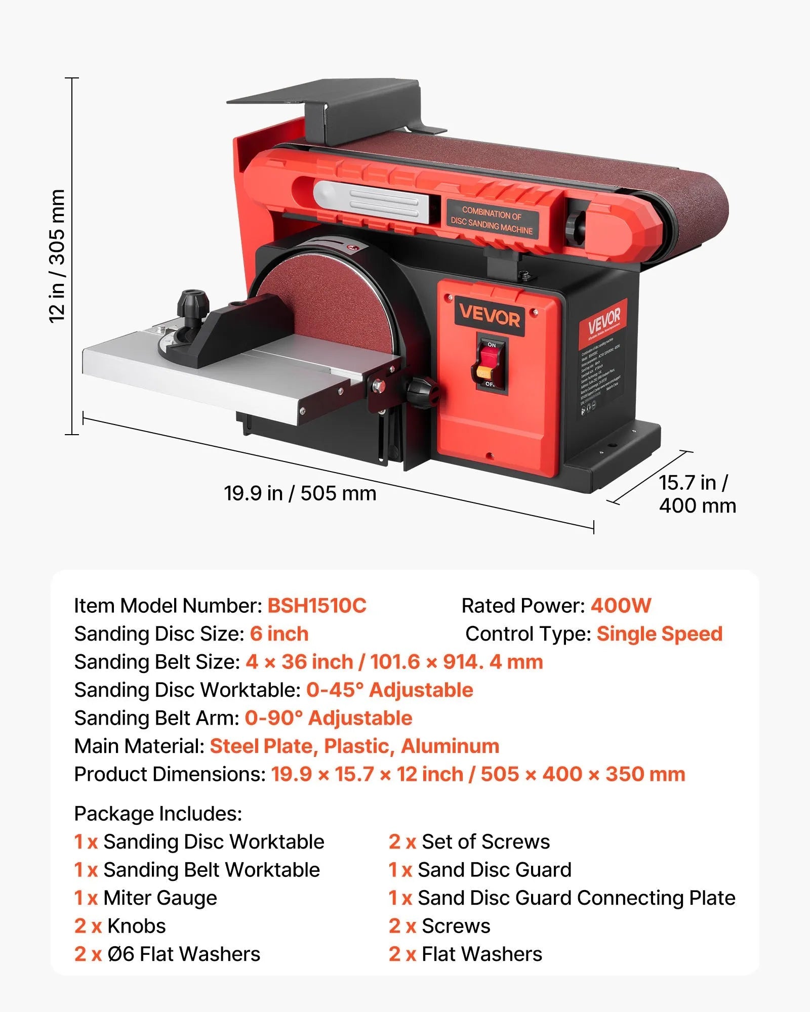 VEVOR 6" Disc Sander & 4" x 36" Belt Sander, 400W Professional Belt Disc Sanders Combo with 0 - 45° Adjustable Worktable & Dust Collection Port for Woodworking, Knife Sharpening, DIY Crafting 