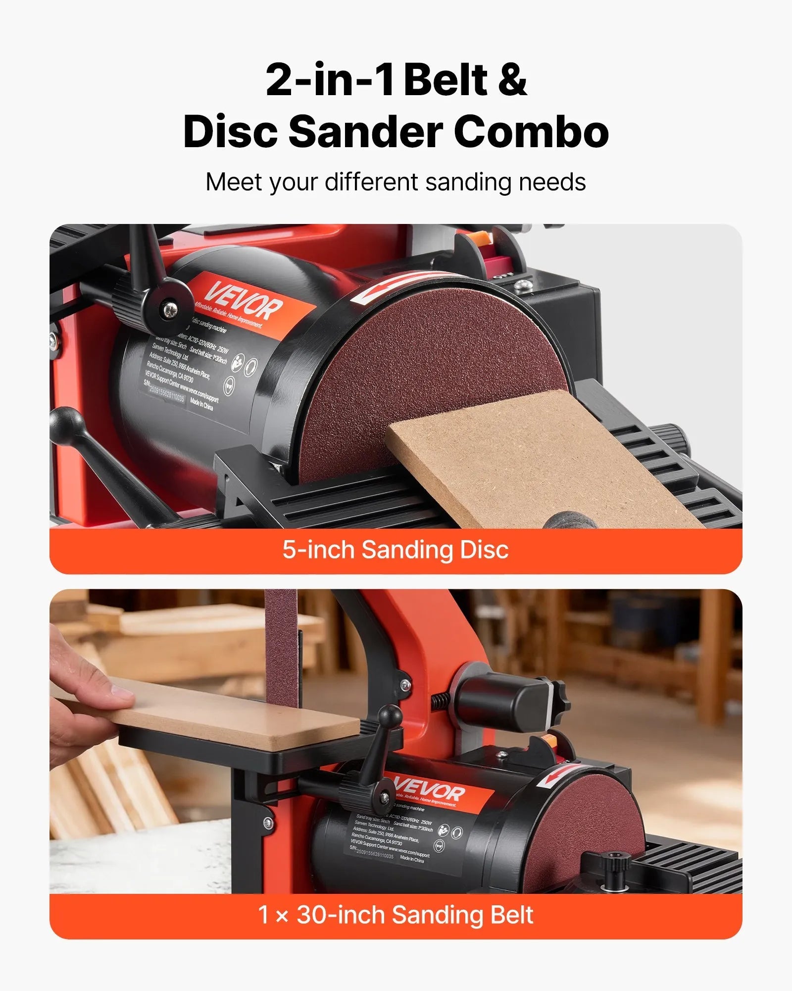 VEVOR 5" Disc Sander & 1" x 30" Belt Sander, 250W Benchtop Belt Disc Sanders Combo with 0 - 45° Adjustable Worktable & Dust Collection Ports for Woodworking, Furniture Refinishing, DIY Crafting 