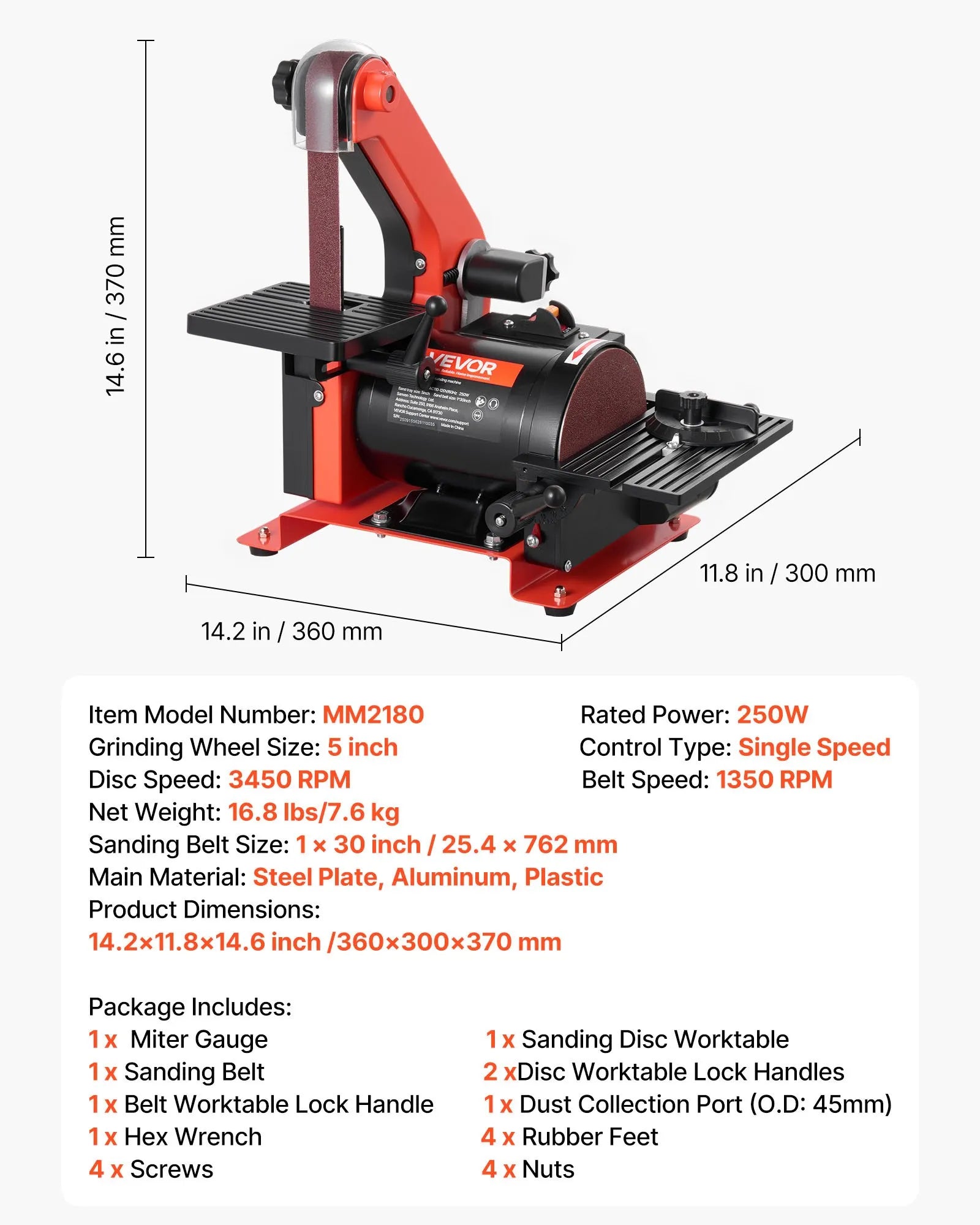 VEVOR 5" Disc Sander & 1" x 30" Belt Sander, 250W Benchtop Belt Disc Sanders Combo with 0 - 45° Adjustable Worktable & Dust Collection Ports for Woodworking, Furniture Refinishing, DIY Crafting 