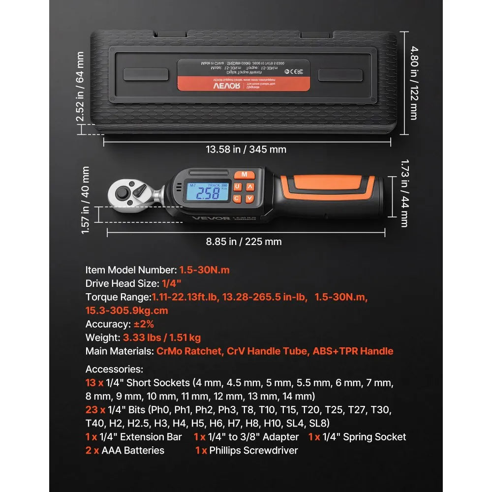 1/4" Drive Digital Torque Wrench Set with Sockets & Bits, LCD Display, ±2% Accuracy, 42-Piece Precision Tool Kit