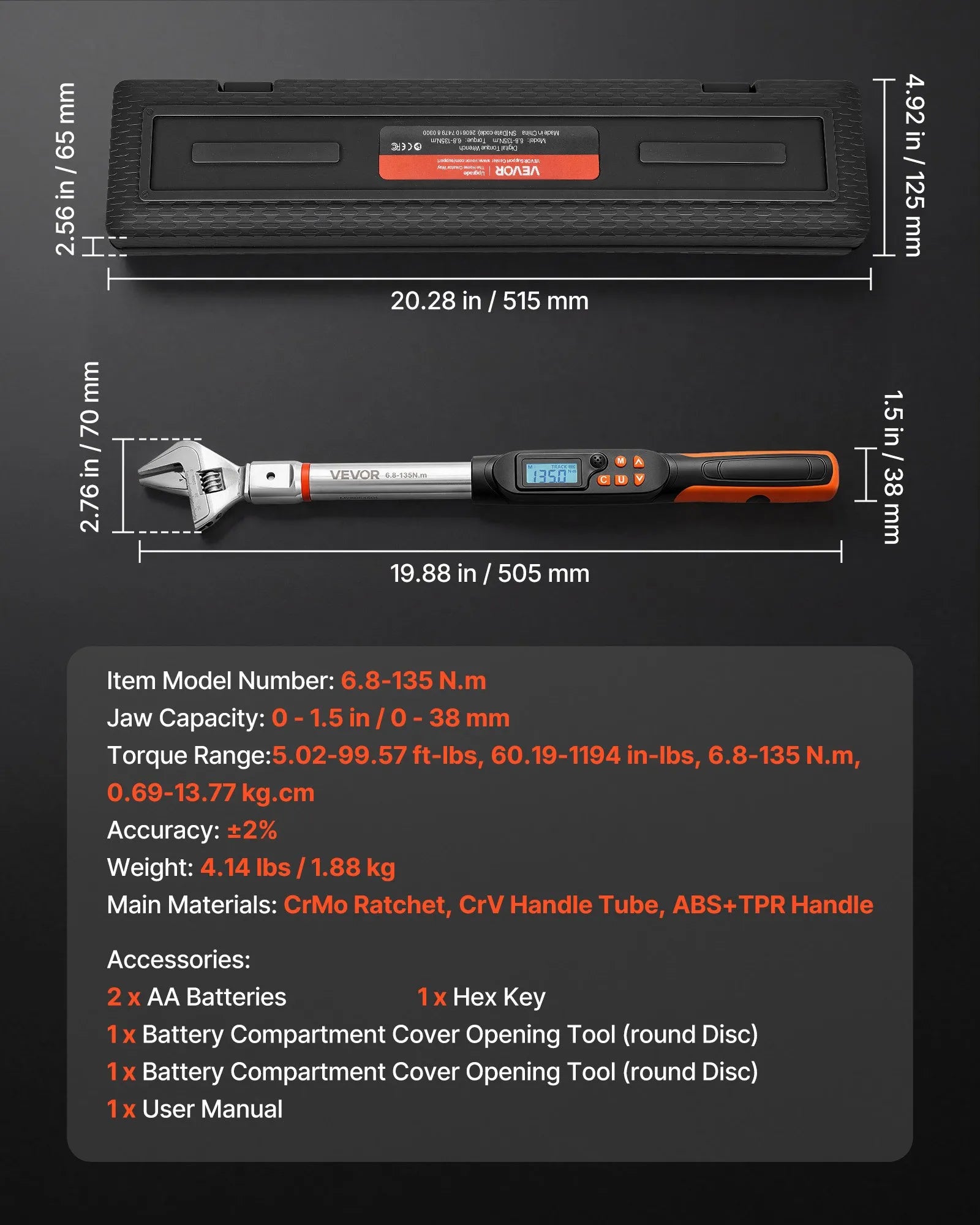 Digital Adjustable Torque Wrench with LCD Display, 0–1.5" Adjustable Jaw, ±2% Accuracy