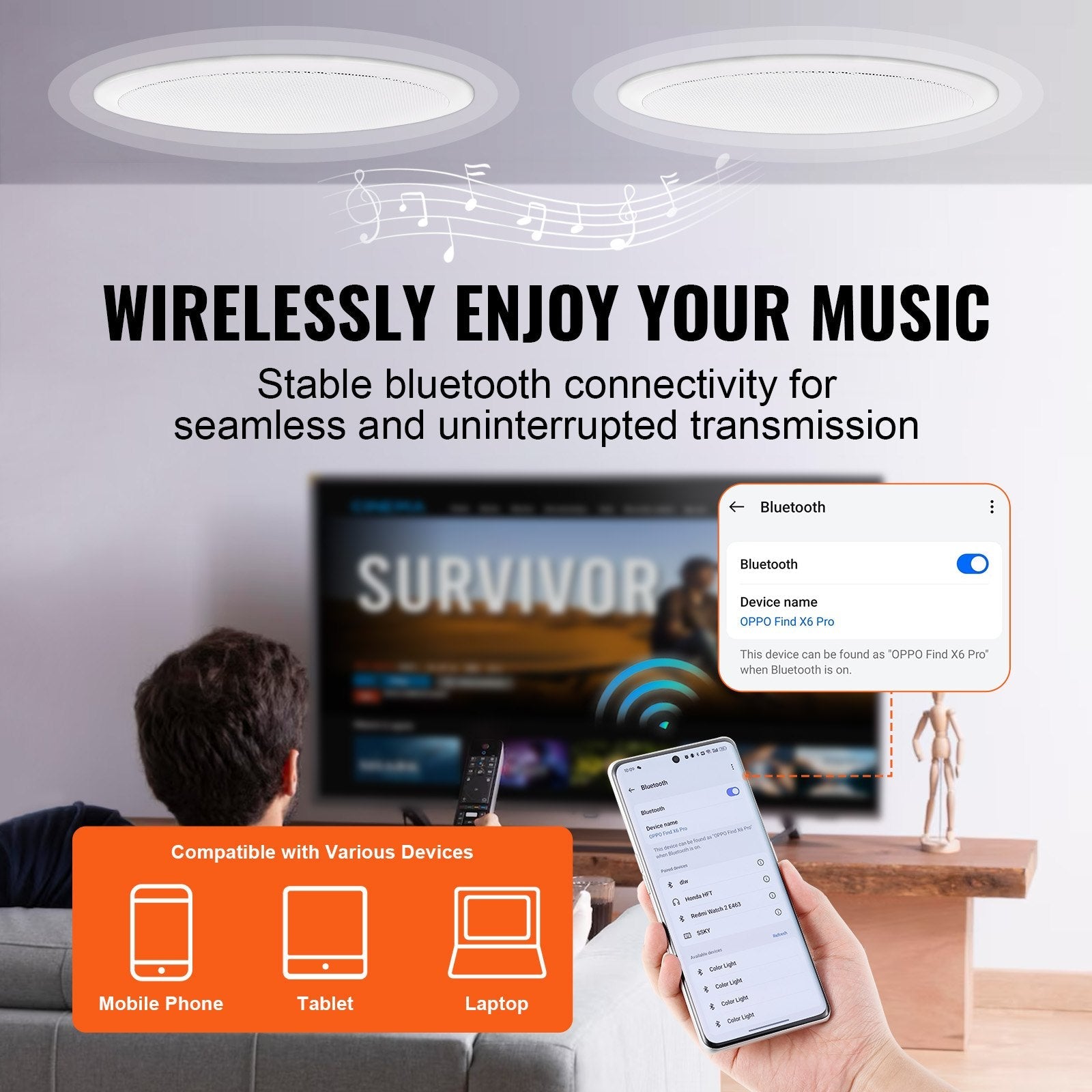 VEVOR 2 PCs 6.5'' Bluetooth in Ceiling Speakers, 150W, Flush Mount Ceiling & in-Wall Speaker System with 8?Impedance 89dB Sensitivity, for Home Kitchen Living Room Bedroom or Covered Outdoor Porches 