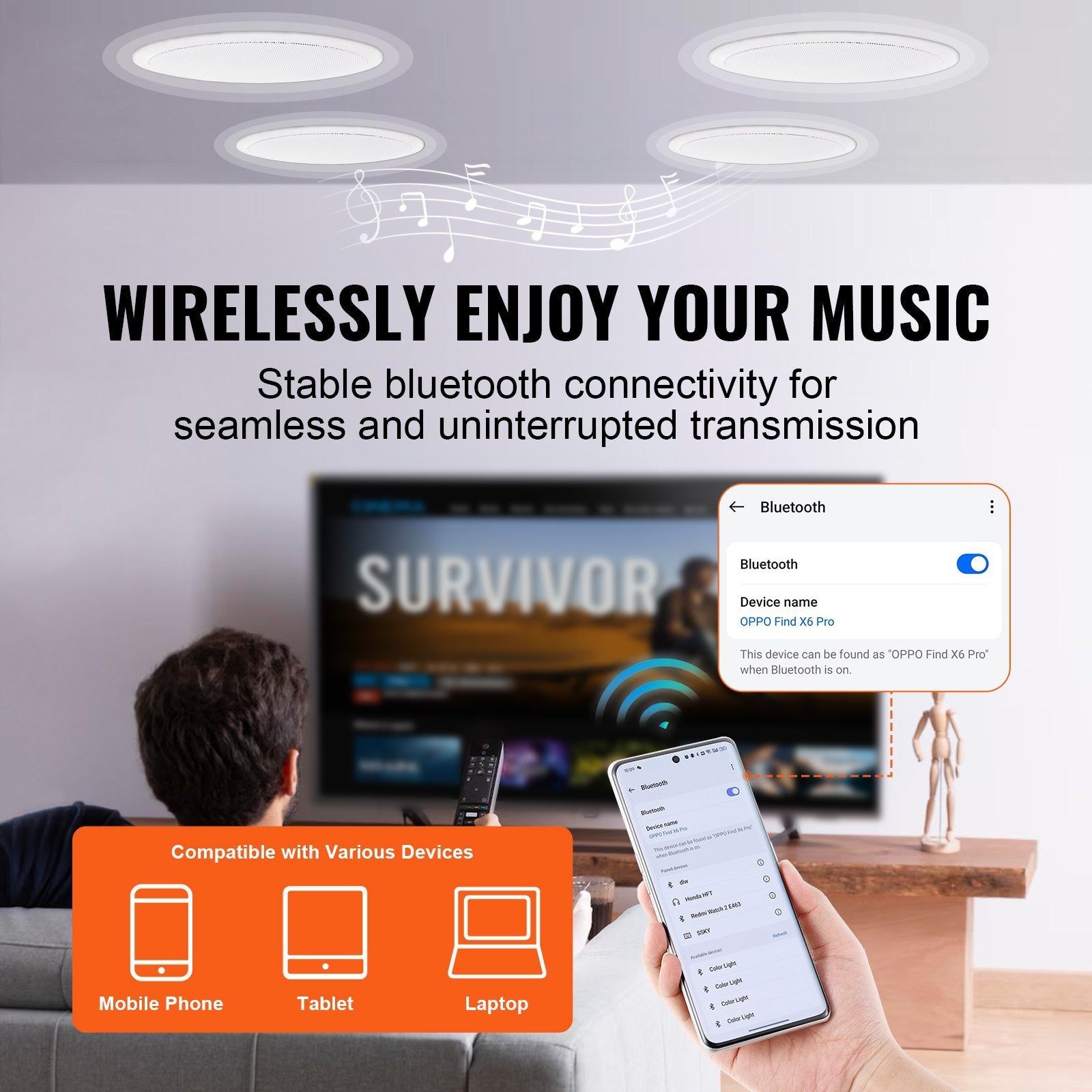 VEVOR 4 PCs 6.5'' Bluetooth in Ceiling Speakers, 150W, Flush Mount Ceiling & in-Wall Speaker System with 8?Impedance 89dB Sensitivity, for Home Kitchen Living Room Bedroom or Covered Outdoor Porches 