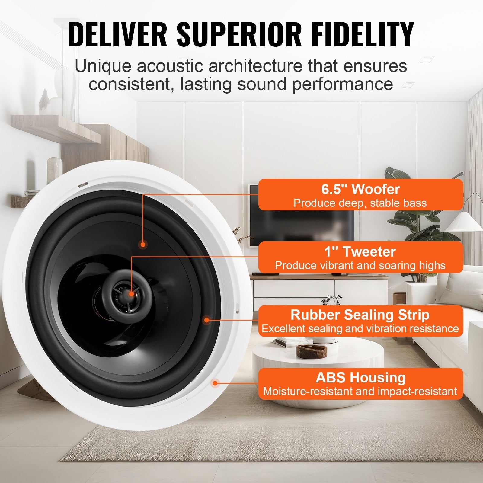 VEVOR 6.5 Inch in Ceiling Speakers, 150-Watts, Flush Mount Ceiling & in-Wall Speakers System with 8?Impedance 89dB Sensitivity, for Home Kitchen Living Room Bedroom or Covered Outdoor Porches, Single 