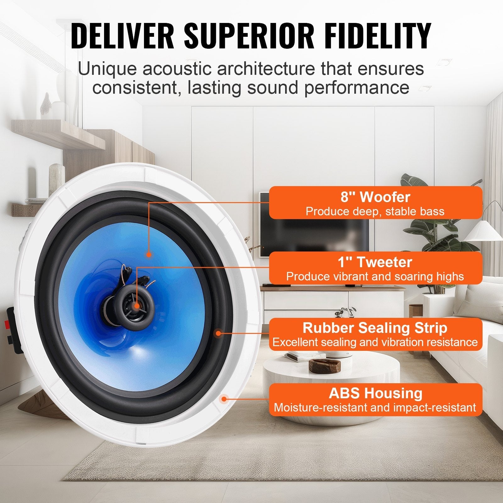 VEVOR 2 PCs 8 Inch in Ceiling Speakers, 50-Watts, Flush Mount Ceiling & in-Wall Speakers System with 8?Impedance 89dB Sensitivity, for Home Kitchen Living Room Bedroom or Covered Outdoor Porches 